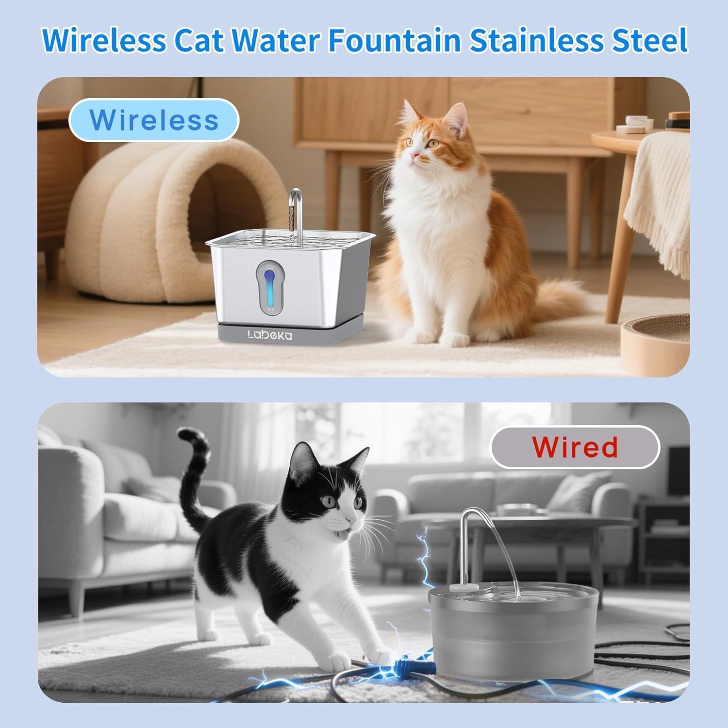 135oz/4L Stainless Steel Cat Water Fountain, Battery Operated Wireless Cat Fountains for Drinking Indoor, Automatic Pet Water Dispenser with Ultra Quiet Pump,Multi-Filtration(2Filters)