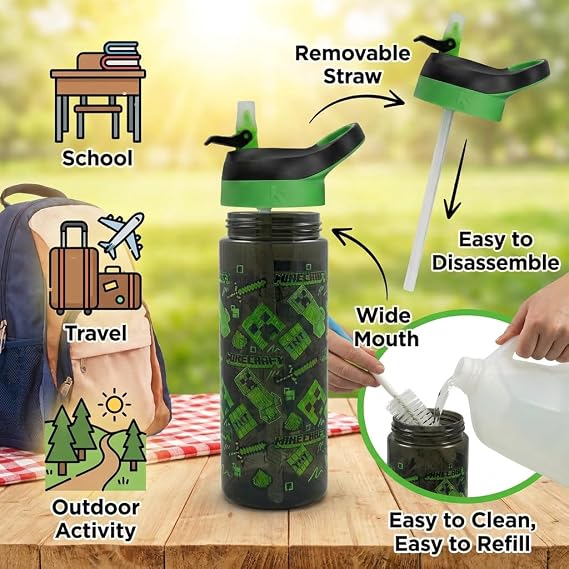 HOX Minecraft Creeper 600ml Drinks Bottle Eco Friendly School Water Bottle + Removable straw, Leak Proof BPA-free Plastic Gift for Minecraft fan - Officially licensed Merchandise