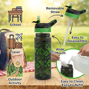 HOX Minecraft Creeper 600ml Drinks Bottle Eco Friendly School Water Bottle + Removable straw, Leak Proof BPA-free Plastic Gift for Minecraft fan - Officially licensed Merchandise