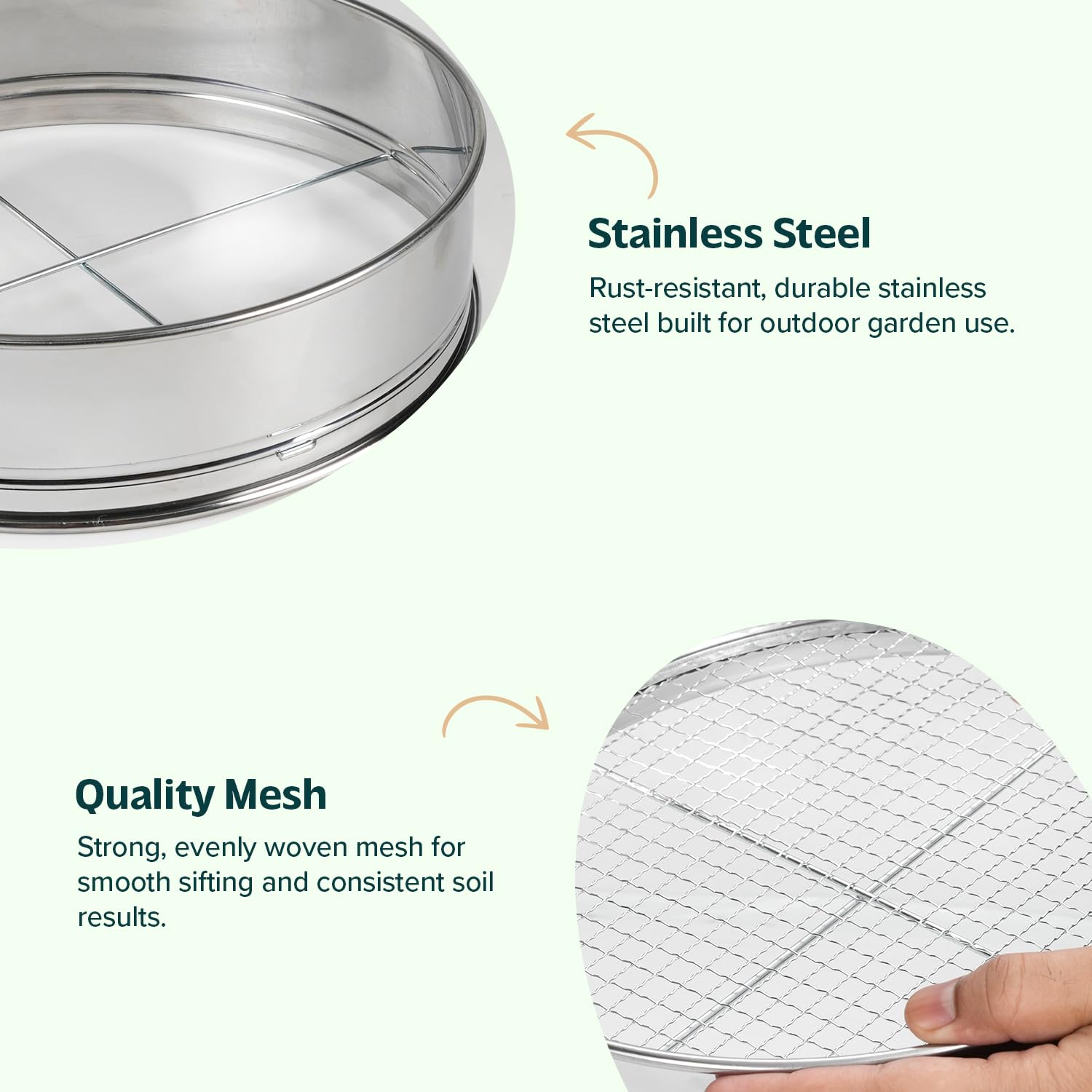 Flatro Tamis de jardin pour terre et pierre | Cadre en acier inoxydable avec 5 inserts interchangeables en maille fine (3 mm, 5 mm, 8 mm, 10 mm, 12 mm) | Tamis de compost de jardin en métal