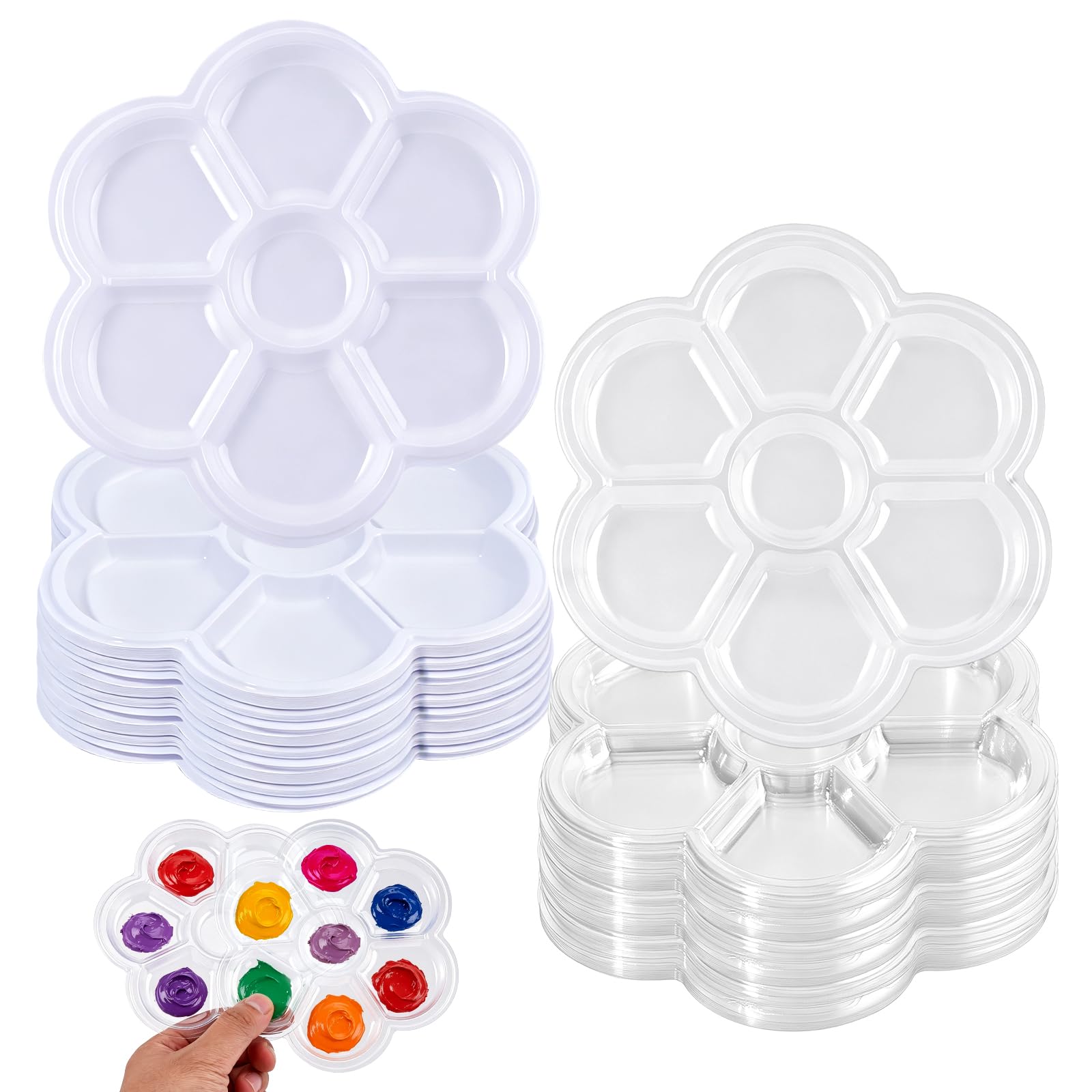 Tavolozza di colori a forma di fiore, in plastica trasparente e bianca, con 7 pozzetti, vassoio per pittura ad acquerello, guazzo e olio, disegno, progetti fai da te, pittura, festa di