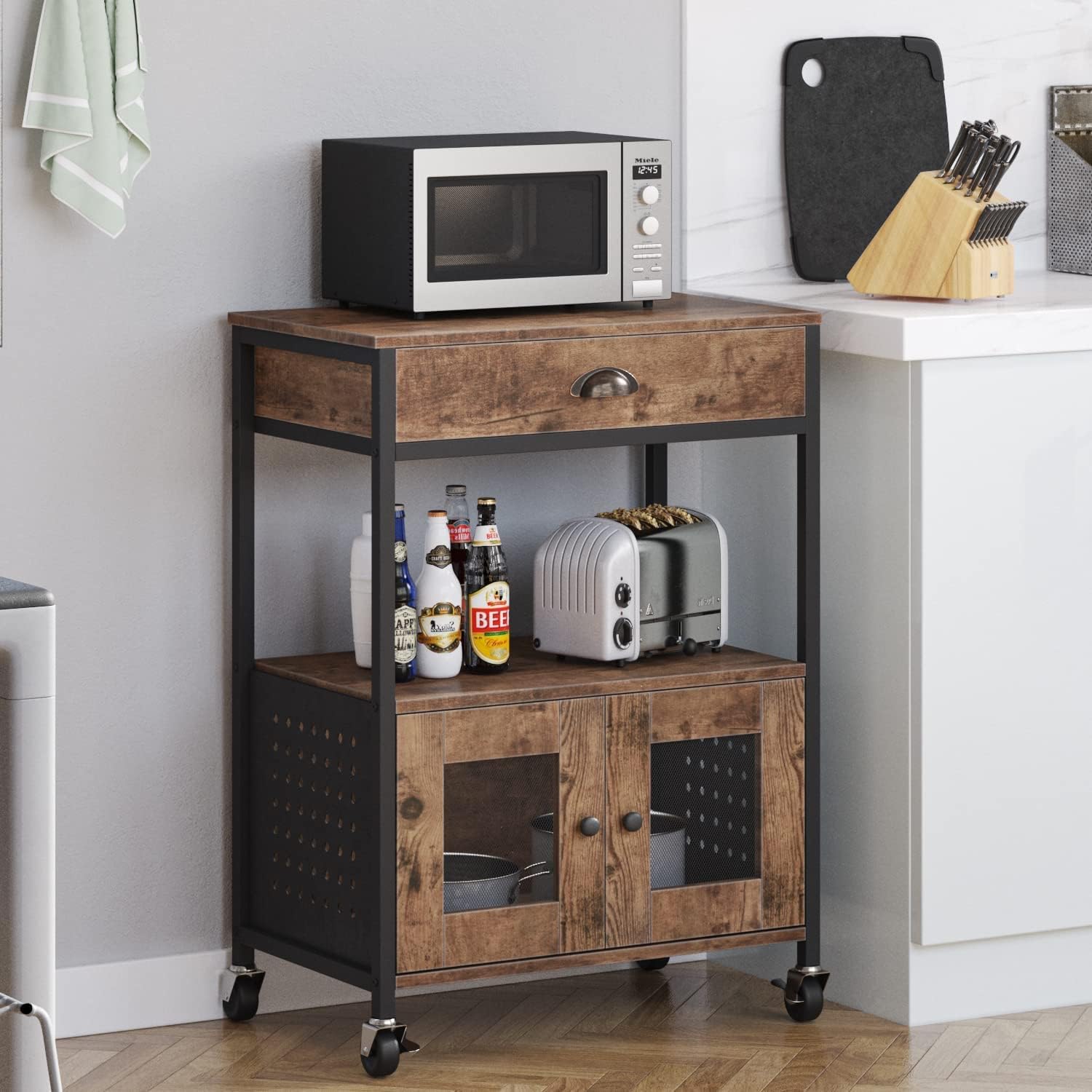 Industrial Coffee Bar Cart on Wheels, Kitchen Baker's Rack with Storage, Kitchen