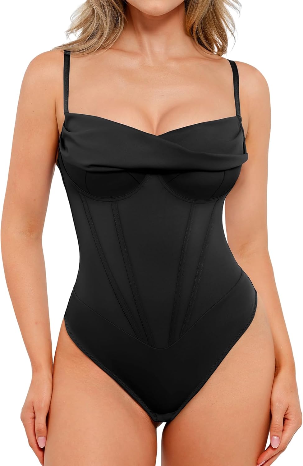 Popilush Corset Bodysuit for Women Tummy Control Shapewear Bodysuits Cowl Neck Going Out Tops Thong Body Suit Concert Outfits