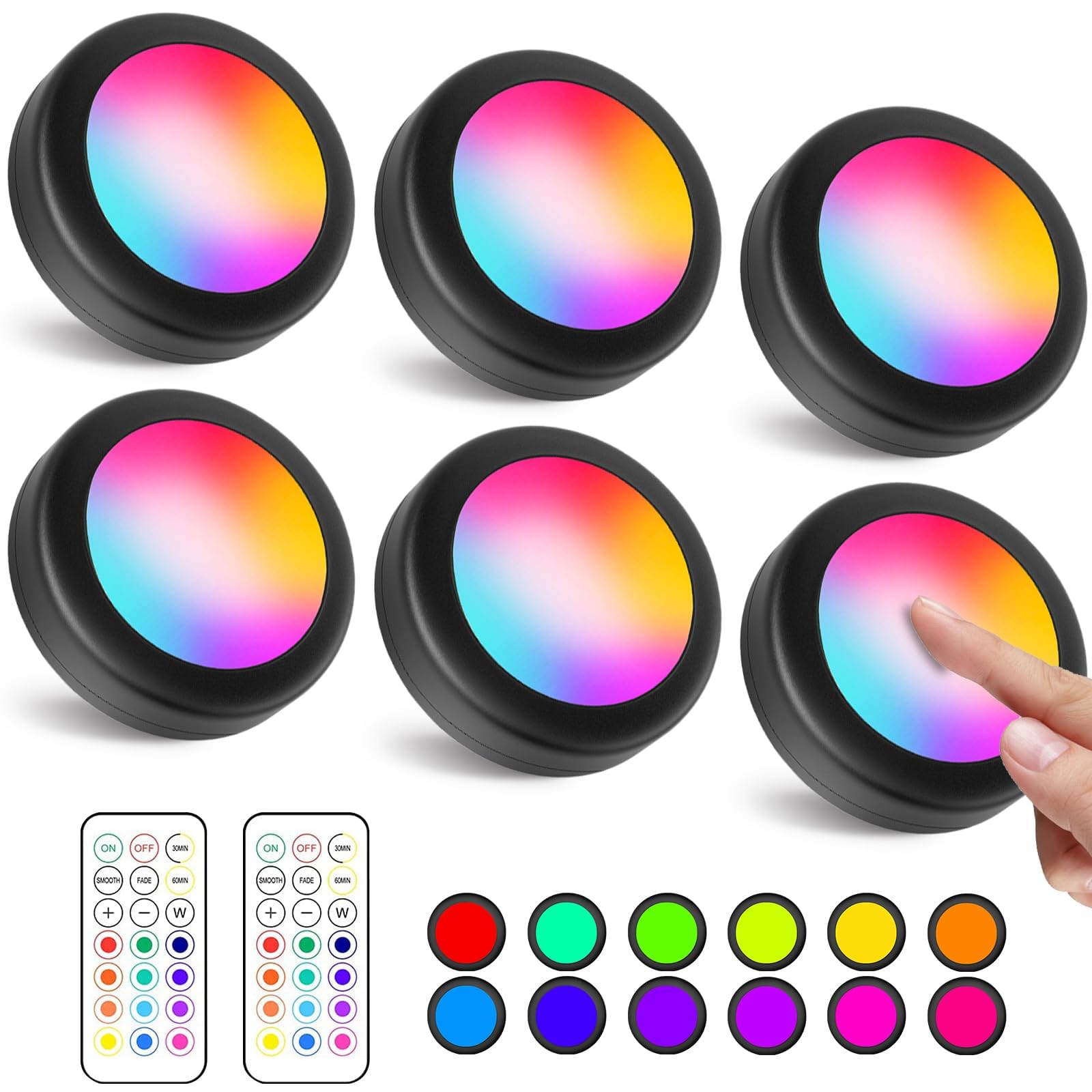 Wireless Under Cabinet Lights with Remote, 12 Colors LED Under Cupboard Lighting, Round Stick-on Display Shelf Cupboard, RGB Puck Lights, 6 Pack - Black