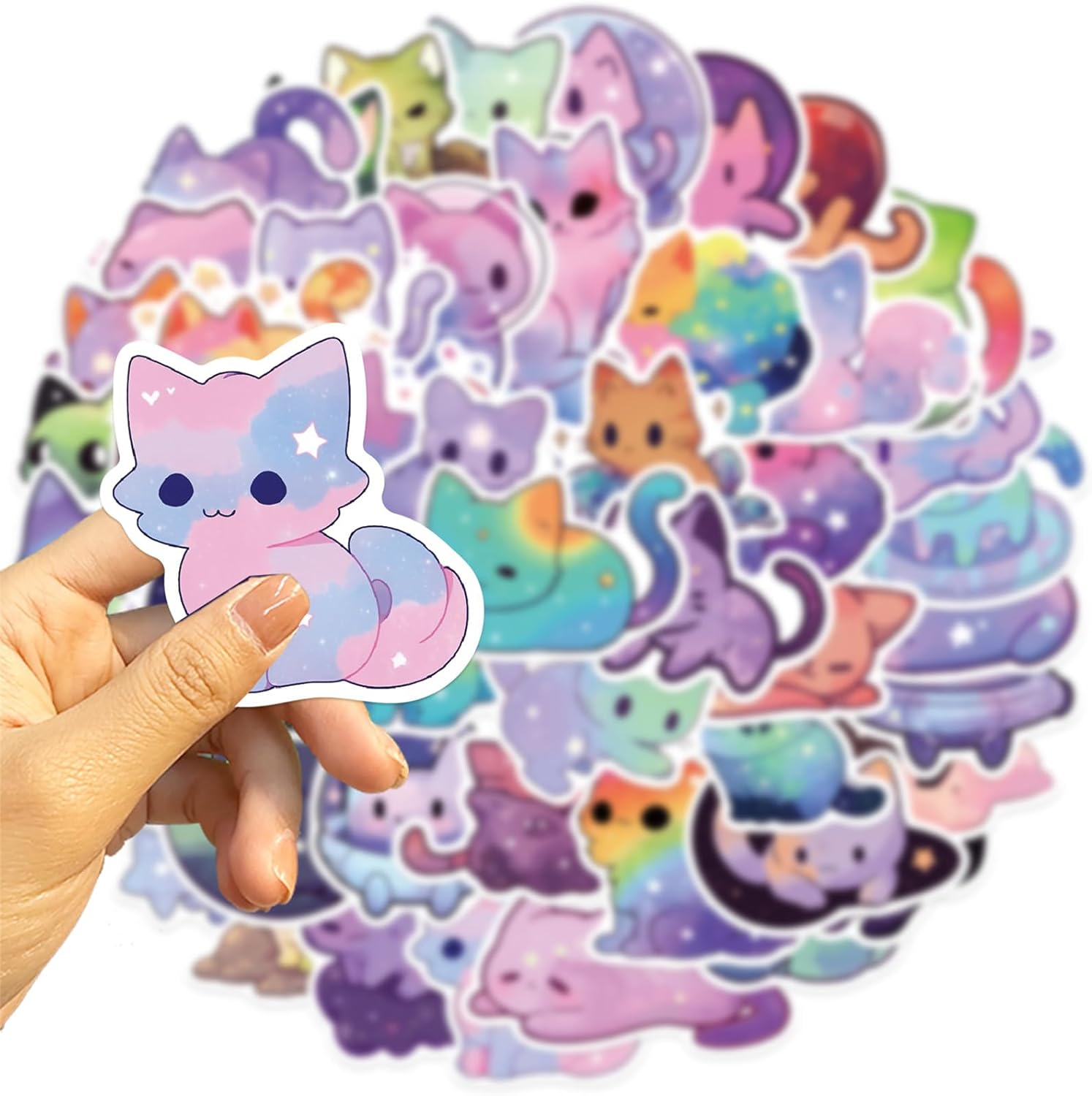 50Pcs Fantasy Starry Sky Cat Stickers Pack - Cute Rainbow Color Cat Stickers Decals for Kids, Waterproof, Vinyl Laptop Stickers Pack, Classroom Prizes for Elementary Students (Astral Cat)