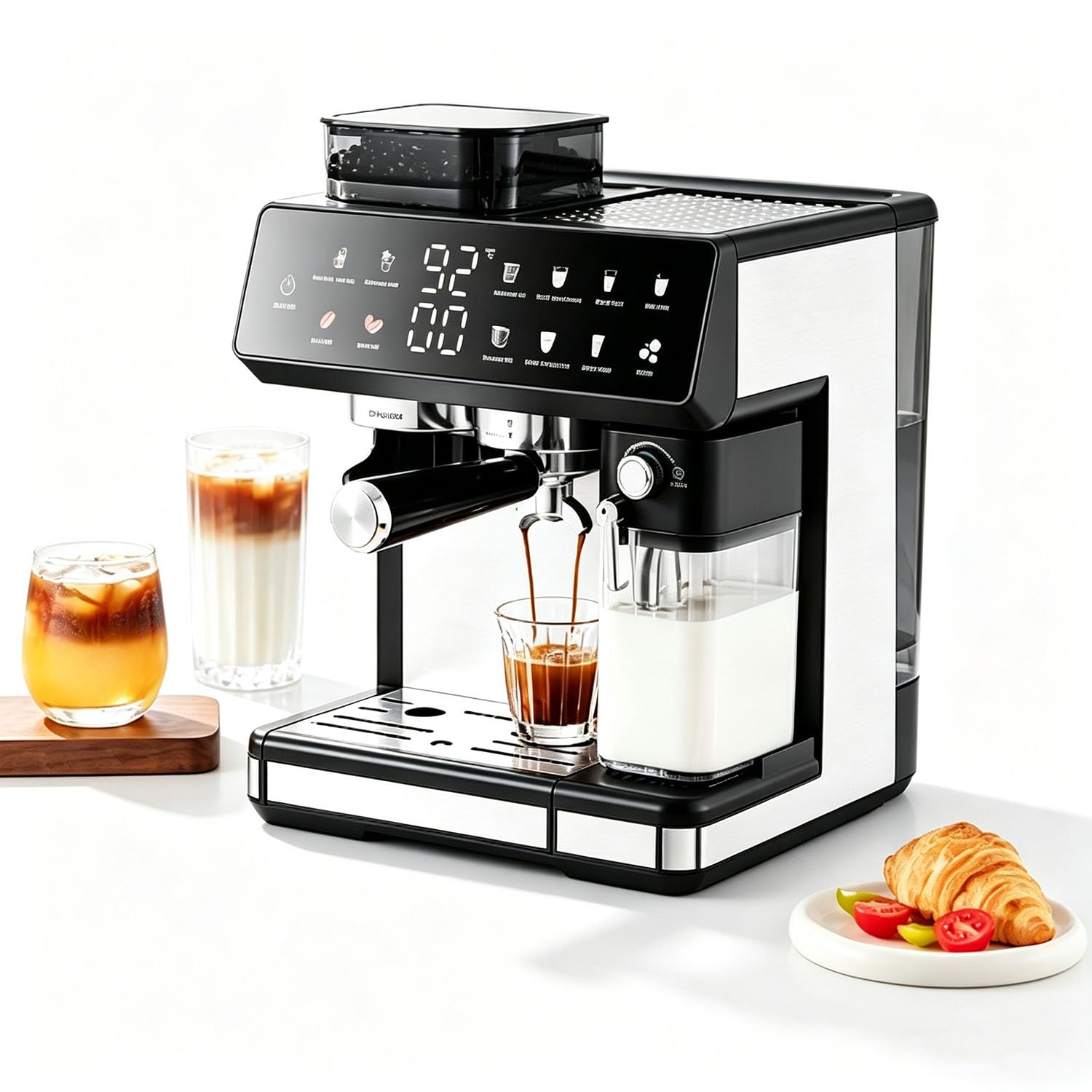 Cafetera Auto con Molinillo, Café Frío/Caliente y Espumador para Casa