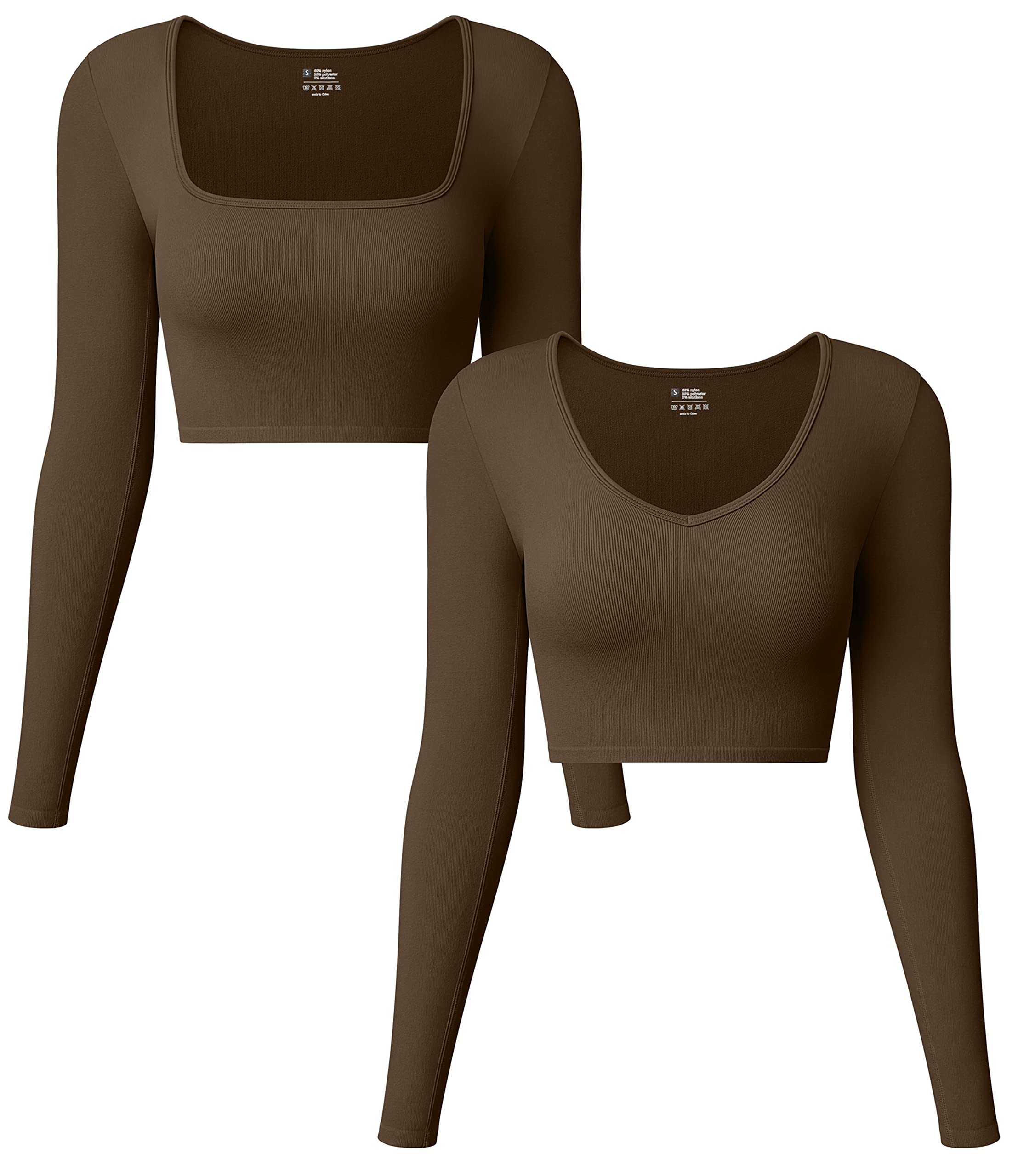 OQQ Women's 2 Piece Yoga Crop Top Seamless Stretch Basic Workout Exercise Long Sleeve, Coffee, Small