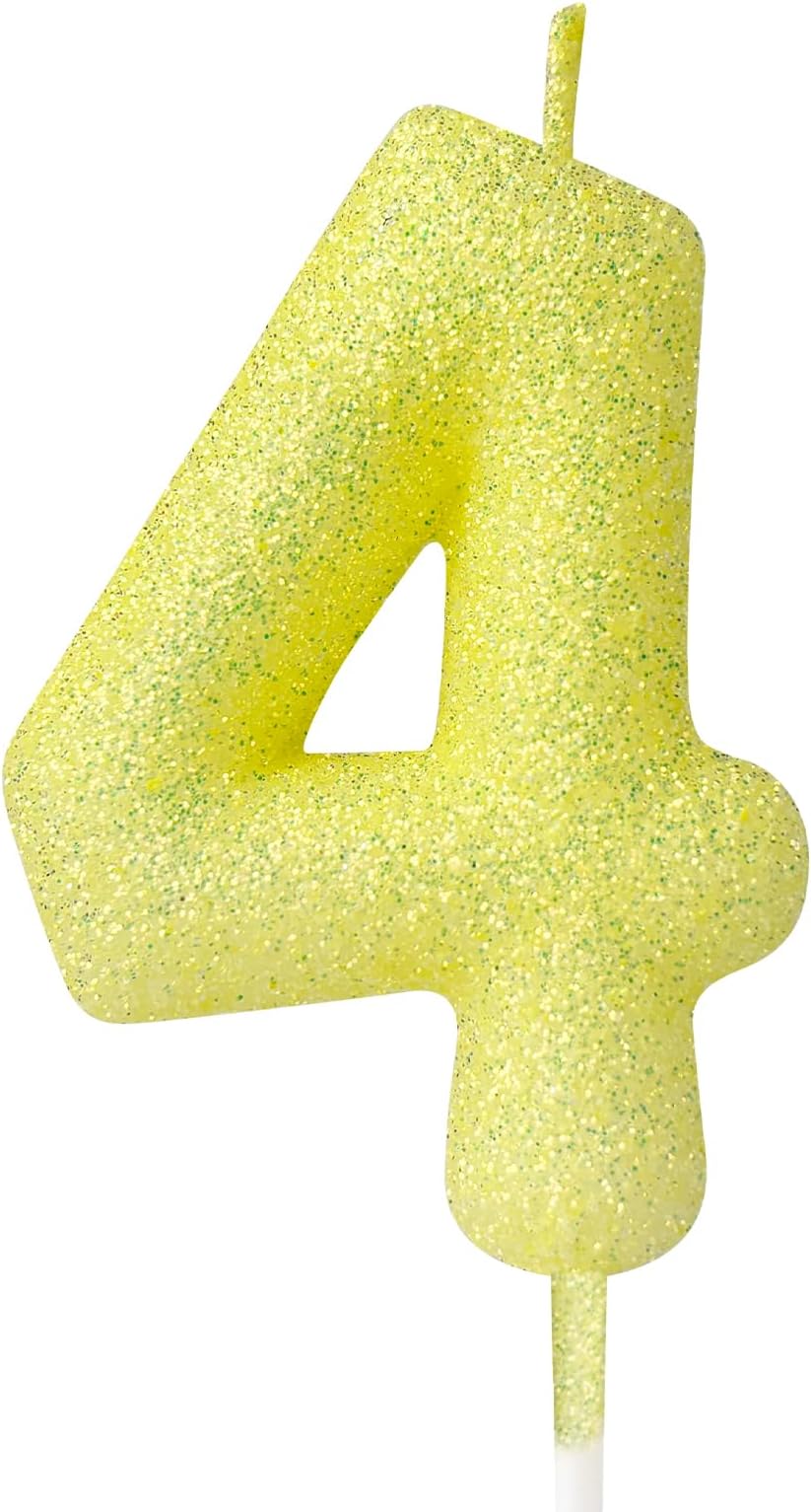 4th Glitter Birthday Candles,Yellow Birthday Number Candle,Macaroon 3D Flash Number 4 Candle,Suitable for Girls and Boys' Birthdays,Weddings,Anniversaries,Theme Party Cake Decorations