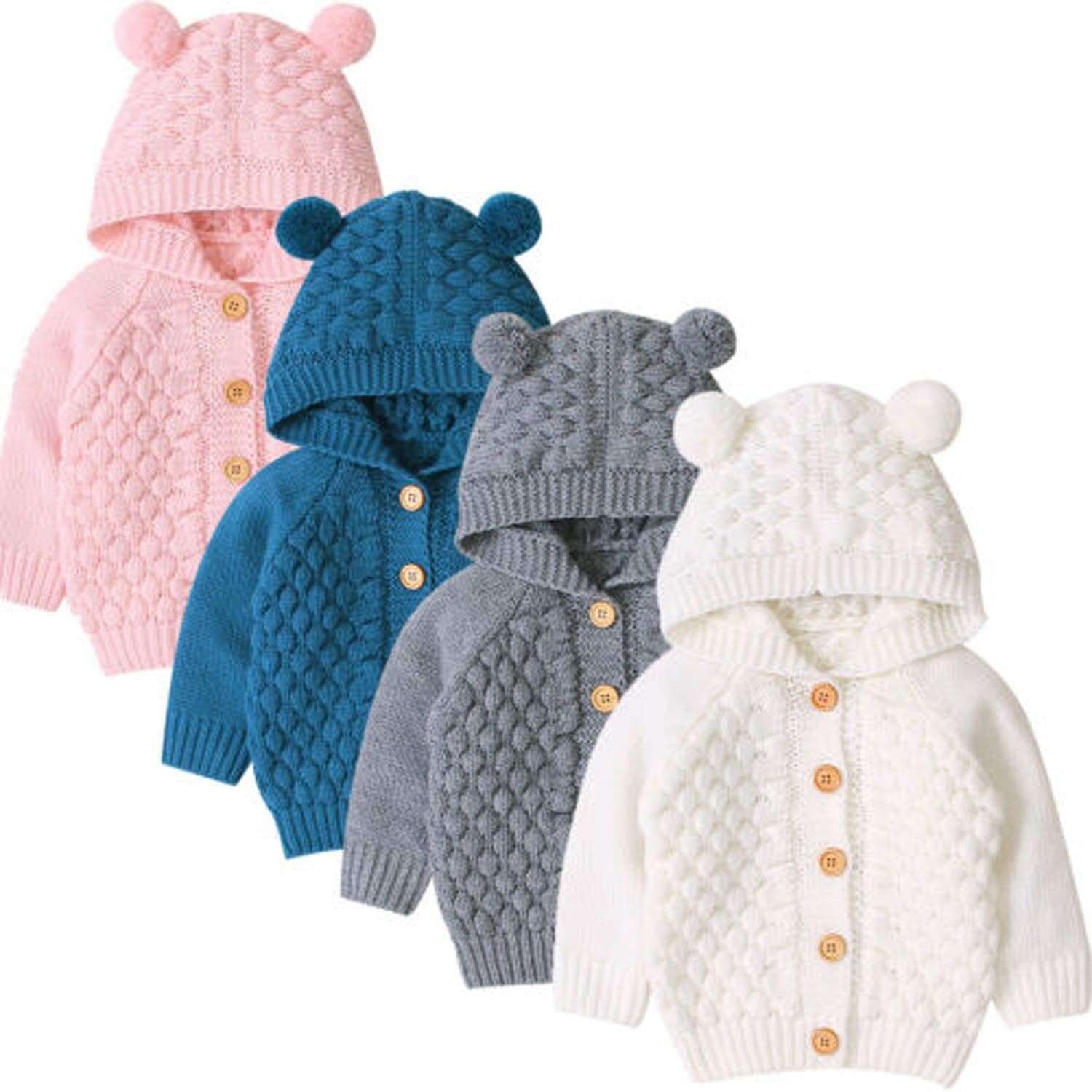 Hailouhai Fall Winter Newborn Infant Baby Girls Knitting Long Sleeve Hooded Sweater Cartoon Bear Ear Cardigan Outerwear
