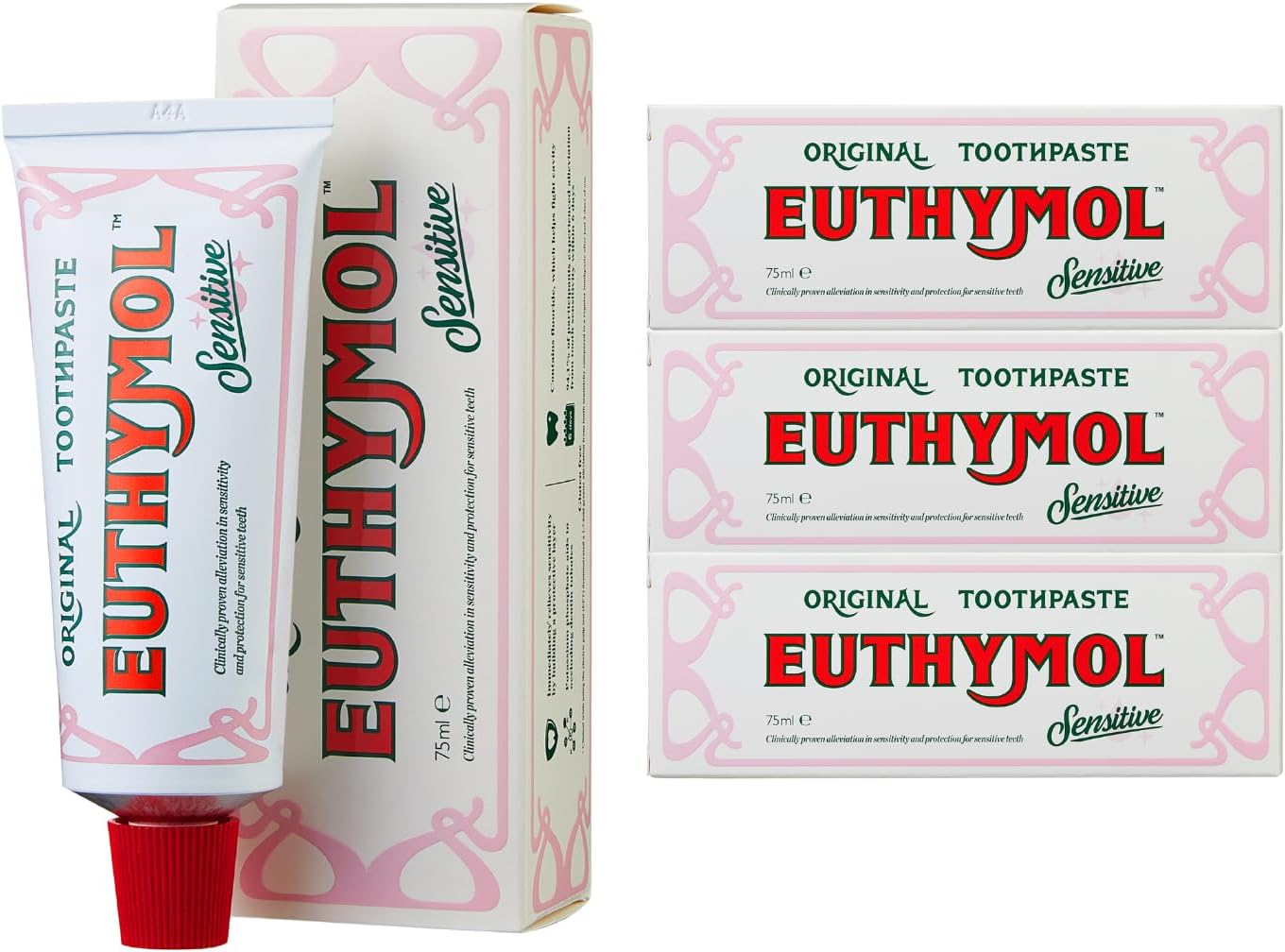 Euthymol Sensitive Toothpaste 75ml x 3,Fluoride Toothpaste for Sensitive Teeth, Plaque Removal, Cavity Protection, Antibacterial, Gluten-Free, Thymol & Menthol, Freshens Breath,Gentle Dental Care