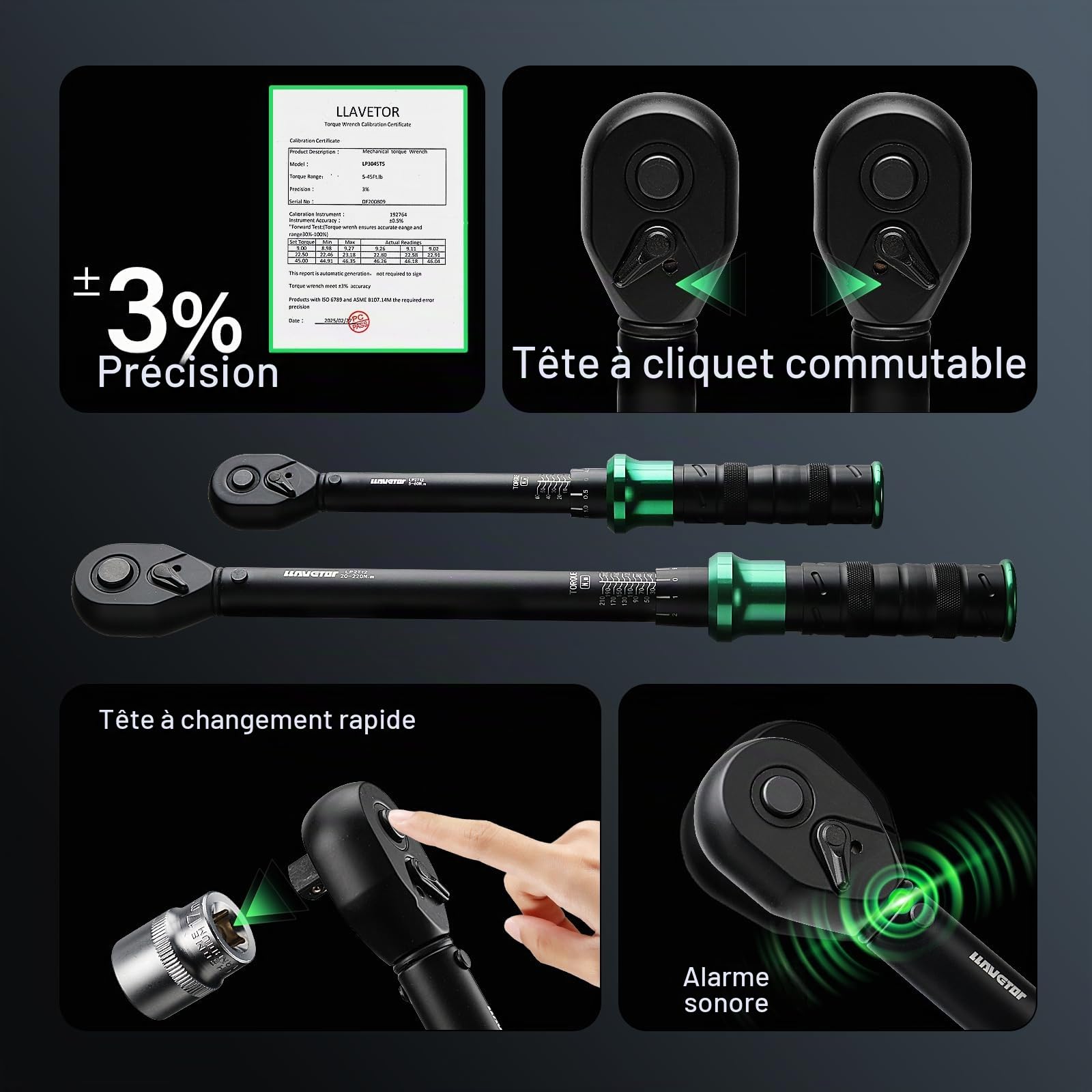 Jeu de clés dynamométriques 60 Nm et 220 Nm, entraînement 3/8 et 1/2 avec 15 douilles hexagonales, bougie d'allumage, rallonges pour voiture, moto, entretien industriel