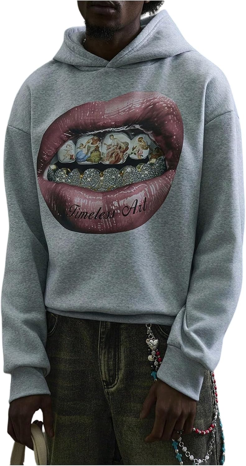 Men's Lip Graphic Hoodie Y2k Long Sleeve Hooded Sweatshirt Pullover Tops Streetwear