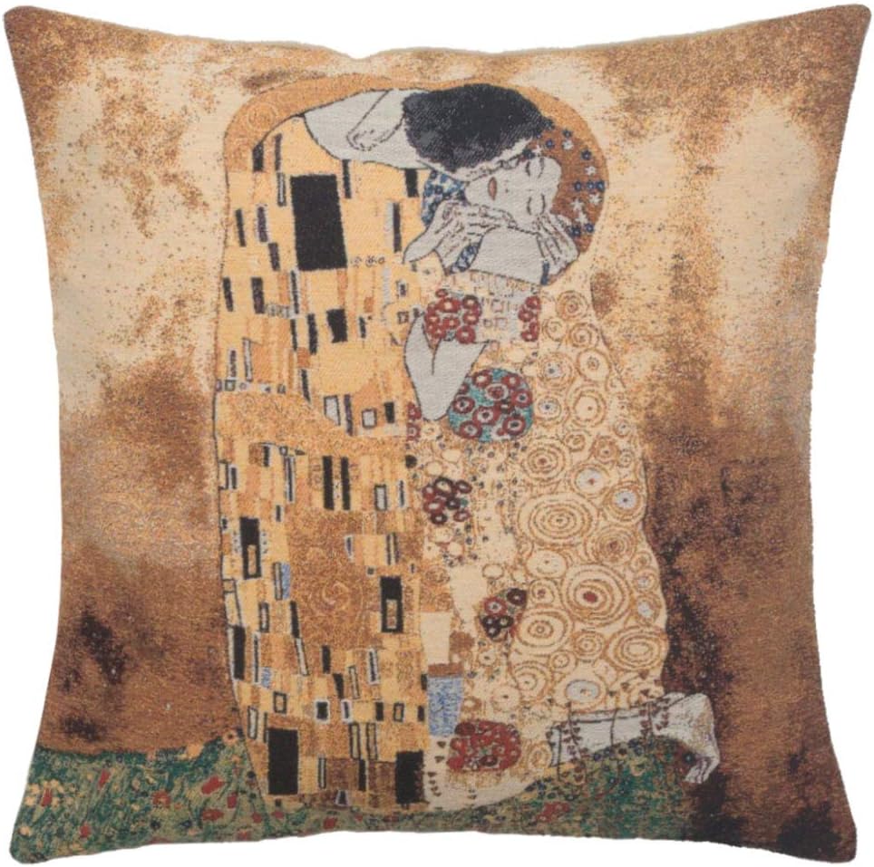 C Charlotte Home Furnishings Inc Gustav's Kiss European Cushion Cover | Decorative Cushion Case with Cotton Polyester & Viscose | 16x16 Inch Cushion Cover for Living Room I Inspired by Gustav Klimt