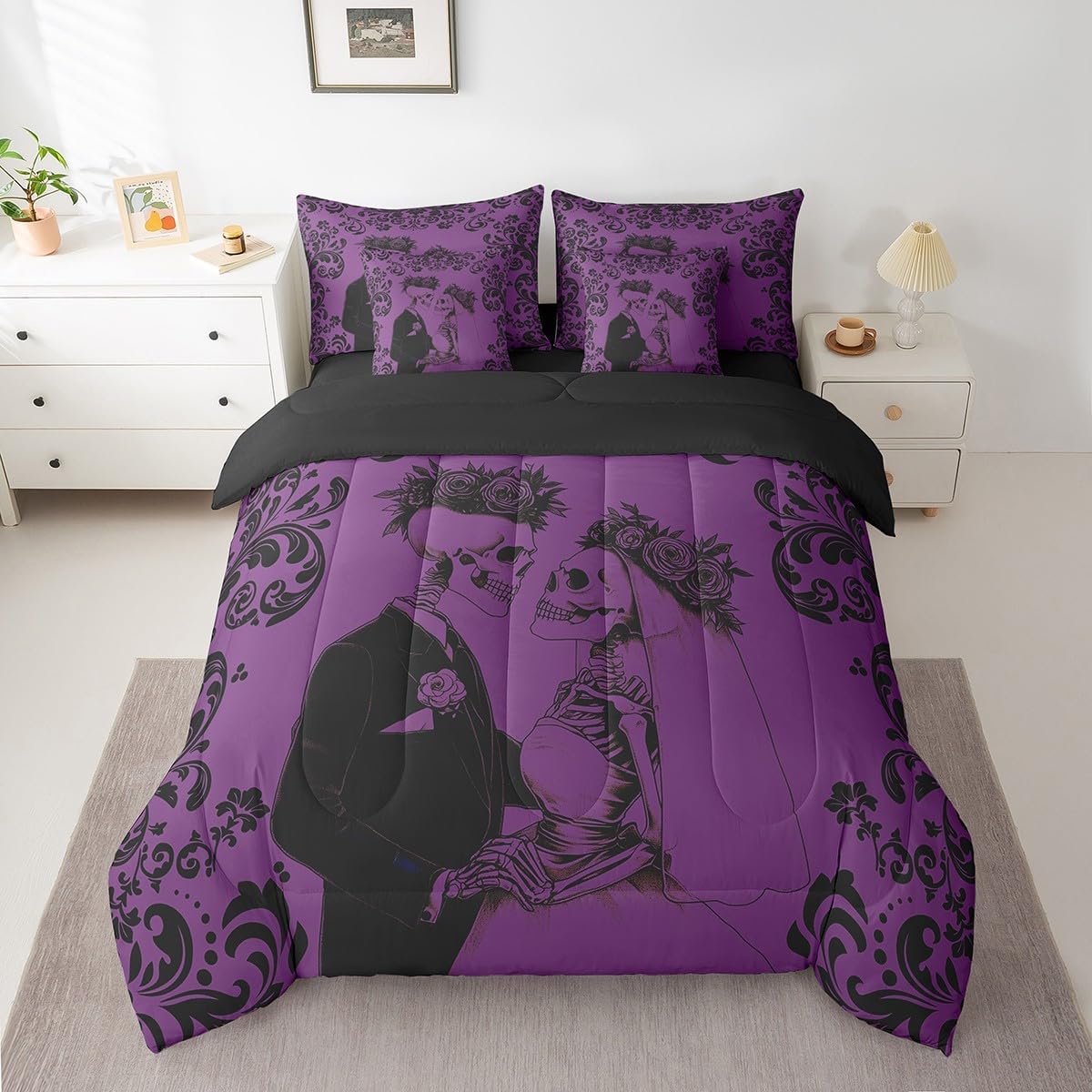 Erosebridal Purple Black Skull Bedding Set 7 Piece Queen Retro Damask Gothic Comforter Set with Sheets Wedding Anniversary Valentines Day Bed in A Bag for Couple Wife Husband,Halloween Bed Set