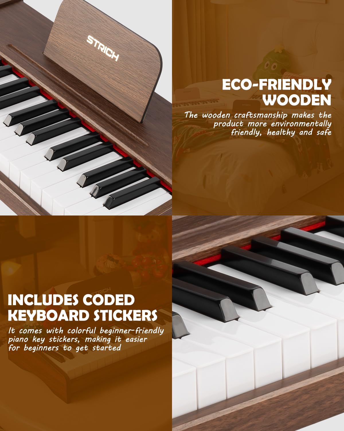 STRICH Clavier de piano numérique à 37 touches, mini piano numérique pour enfants, volume réglable, livre de musique, piano en bois pour 3 filles et garçons et plus, couleur noyer, SEK-37