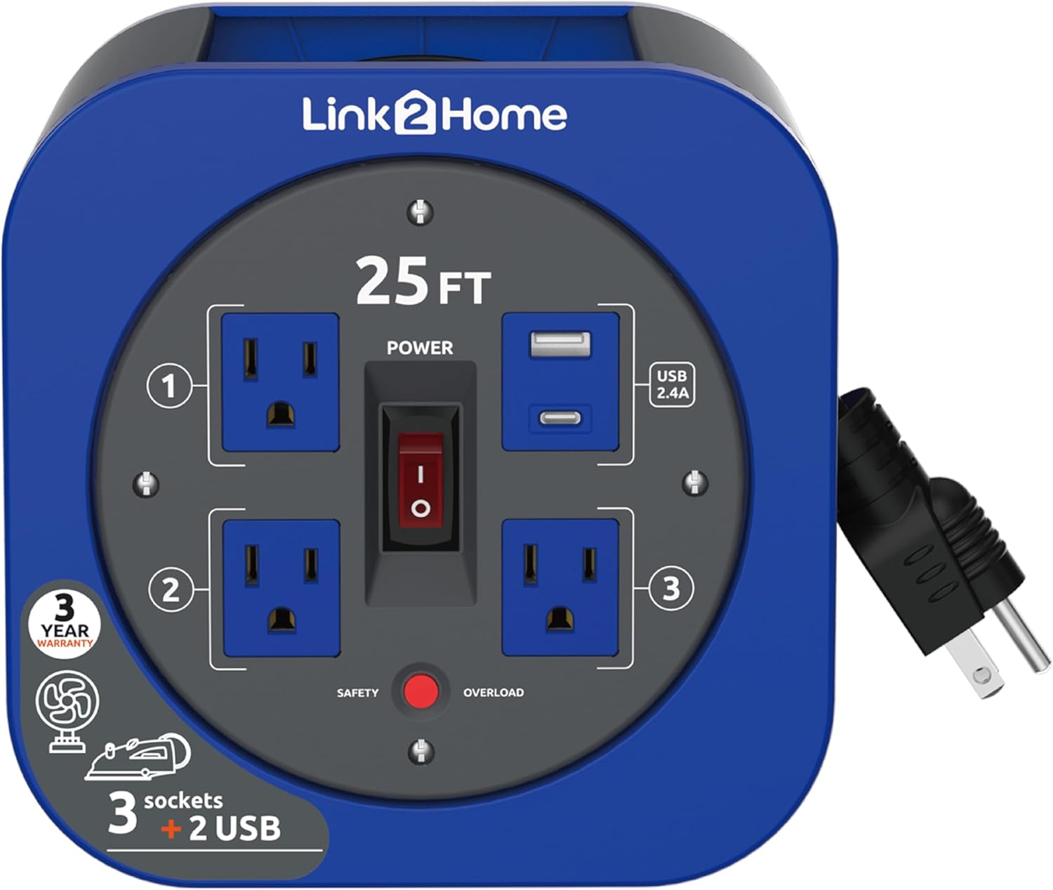 Link2Home 25 ft Retractable Extension Cord Reel – 16 AWG SJT Cable, 3 Grounded Outlets, 2 USB A/C Ports (2.4A Fast Charge), Built-In Circuit Breaker, Compact & Tangle-Free Power Reel, Blue