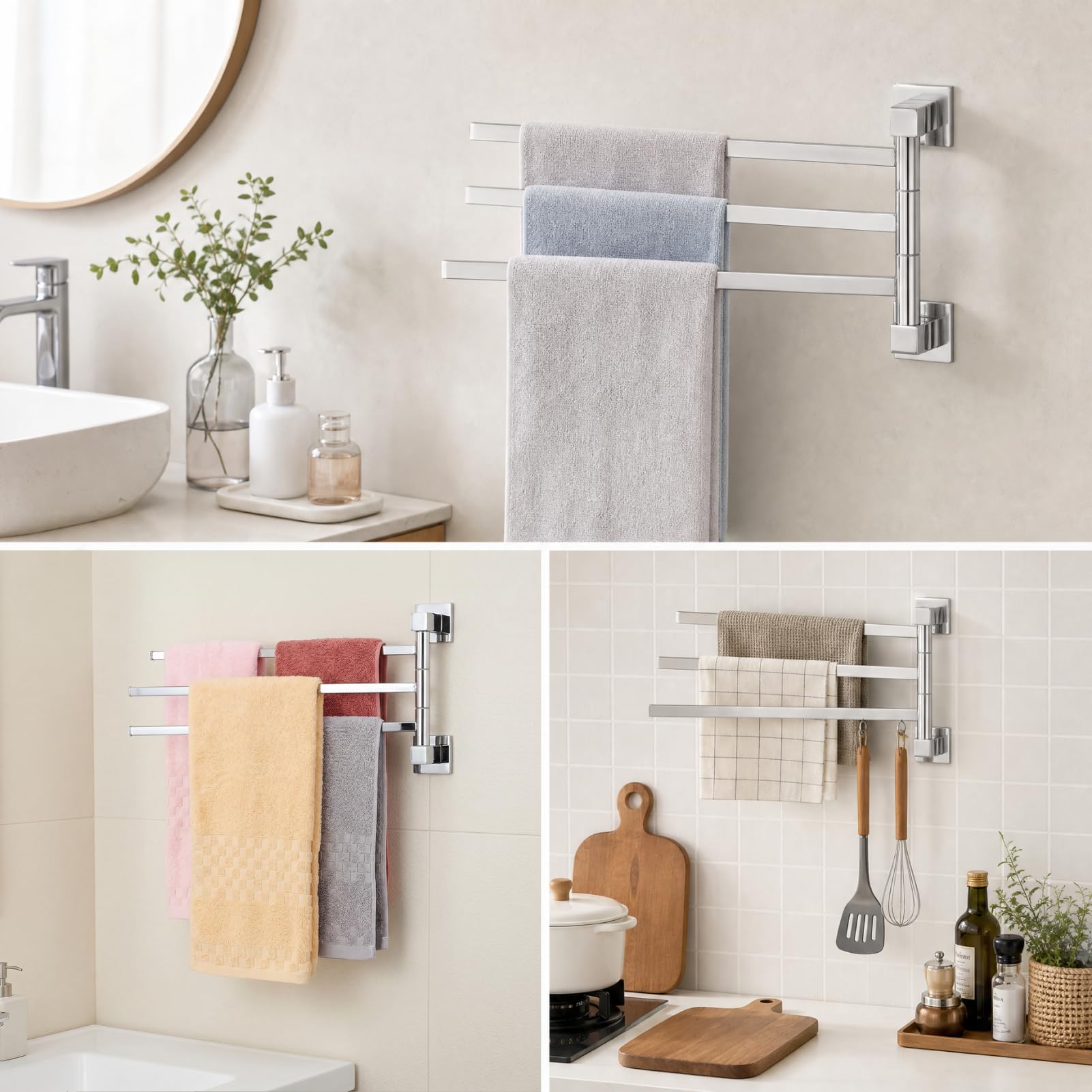 Portasciugamani Girevole in Acciaio Inox, 3 Bracci, 40 cm, Rotazione 180°, Portasciugamani Pieghevole per Bagno e WC, Spazzolato Argento