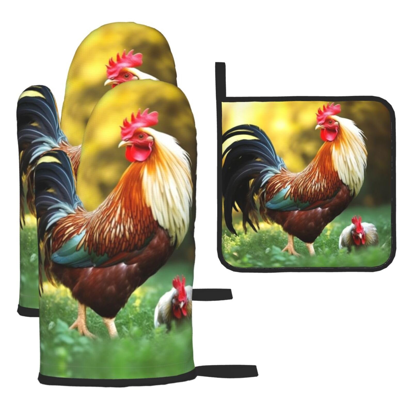3 Piece Oven Mitts and Pot Holders Set Heat Resistant Oven Gloves and Potholders BBQ Gloves Hot Pads Beautiful Rooster Hen Cooking Gloves for Kitchen Baking Grilling