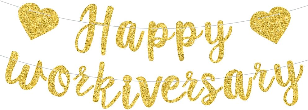 Gold Glitter Happy Workiversary Banner - NO DIY -Gold Work Anniversary Decorations, Pre-Strung -Sign Bunting for Work Party Office Party Theme Decoration Sign