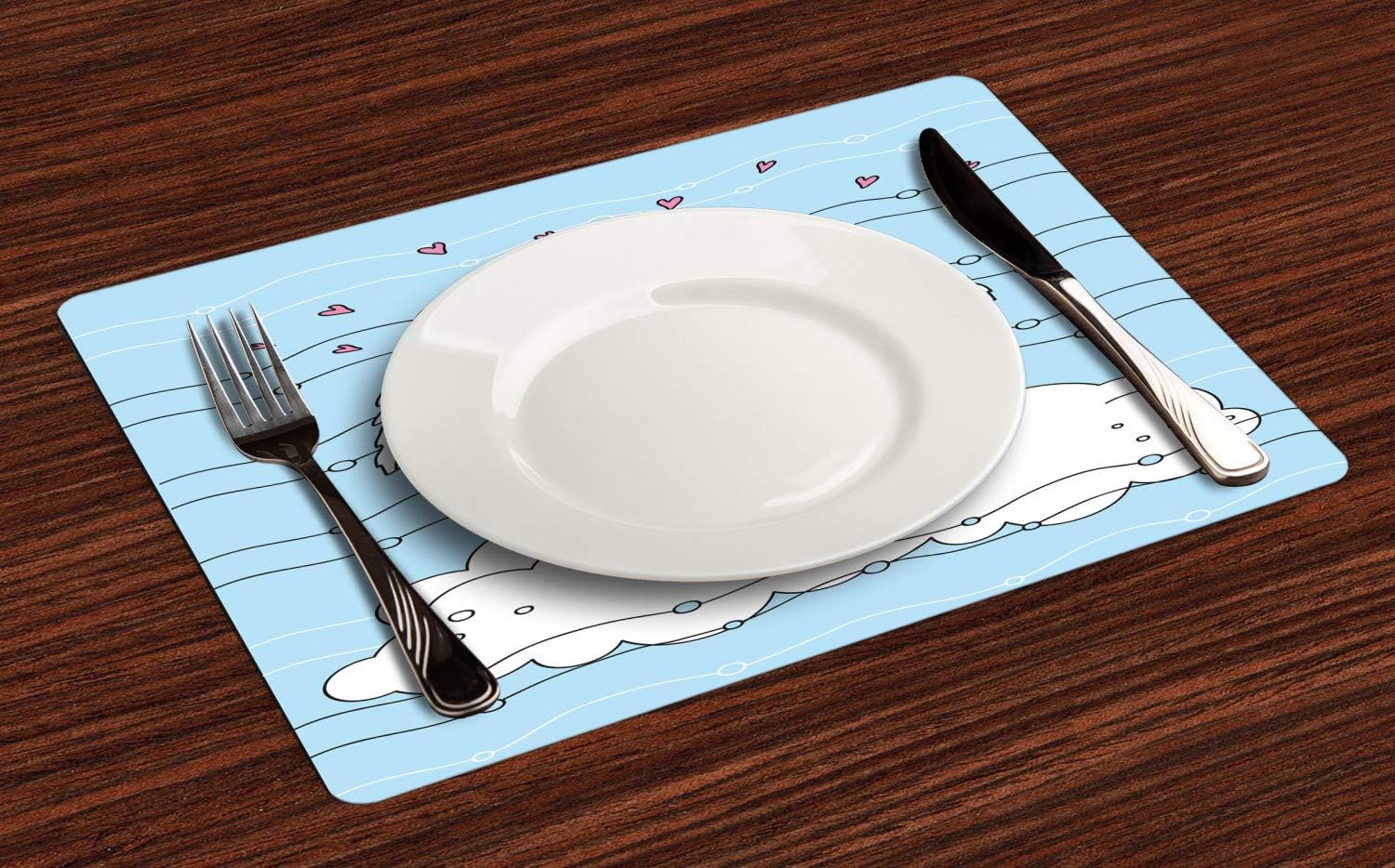 Ambesonne Angel Wings Place Mats Set of 4, Girl on Clouds for Love Christmas Hearts Doodle, Washable Fabric Placemats for Dining Table, Standard Size, Azure Blue