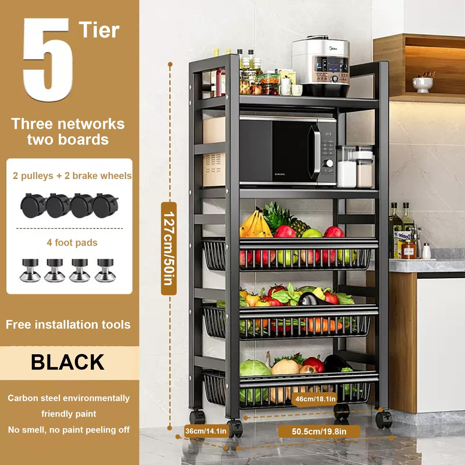 Carrello da forno a microonde resistente con contenitore regolabile, multifunzione a 5 ripiani e ripiani in metallo, include cesto per frutta e verdura per piccoli elettrodomestici