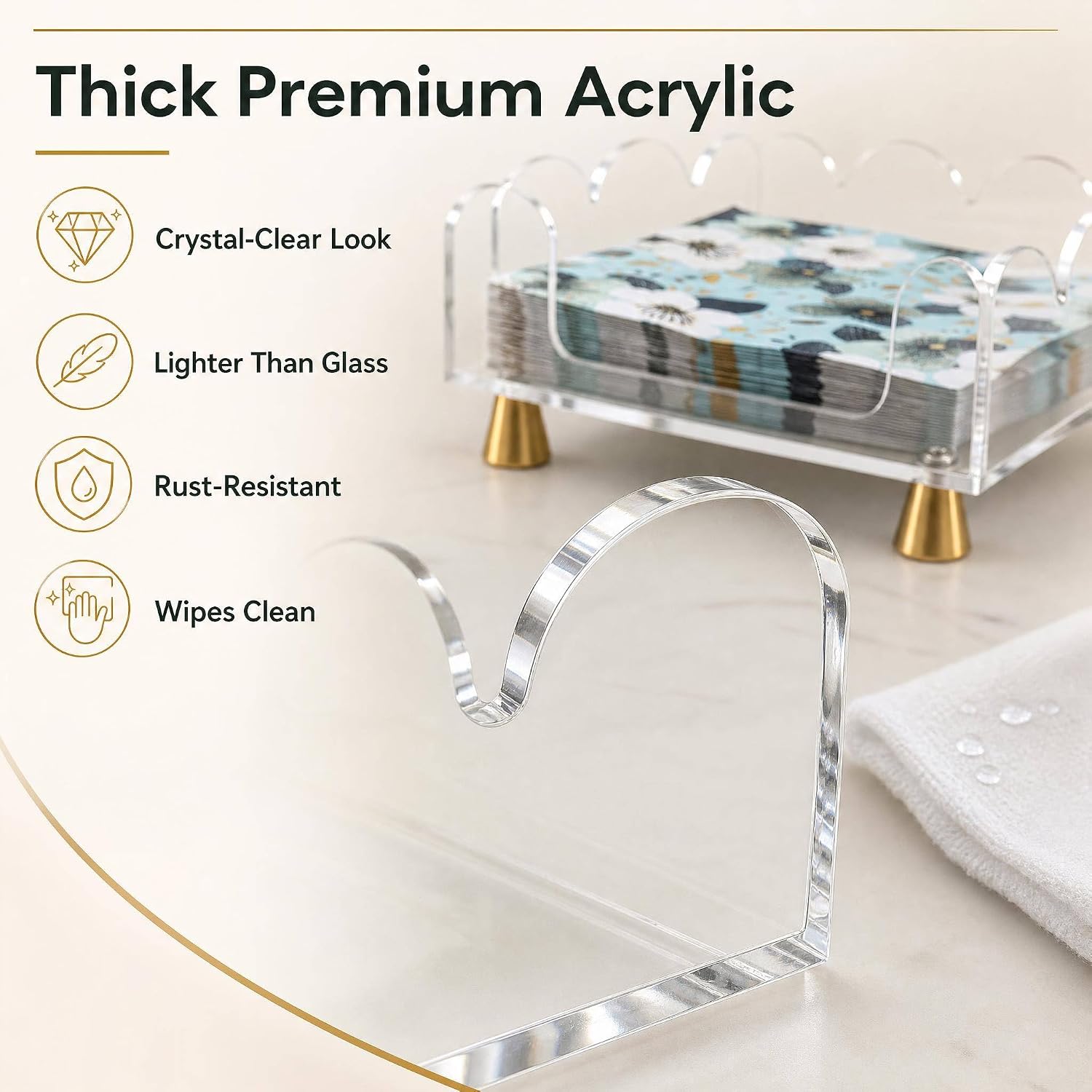 Acrylic Napkin Holder for Table - Scalloped Clear Square with Gold Metal Feet, U-Shaped Opening & Non-Slip Pads, Fits Cocktail, Guest & Luncheon Napkins