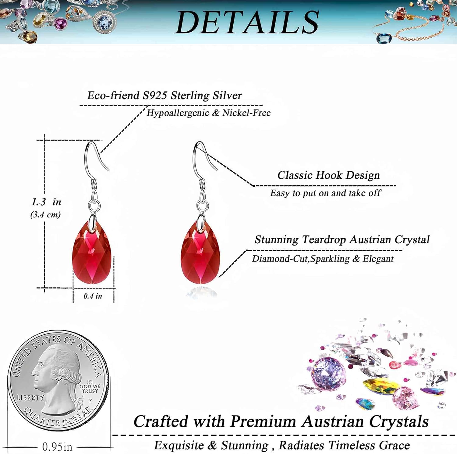 Teardrop Austrian Crystal Drop Dangle Earrings for Women 925 Sterling Silver Hook Hypoallergenic Jewelry - Image 4