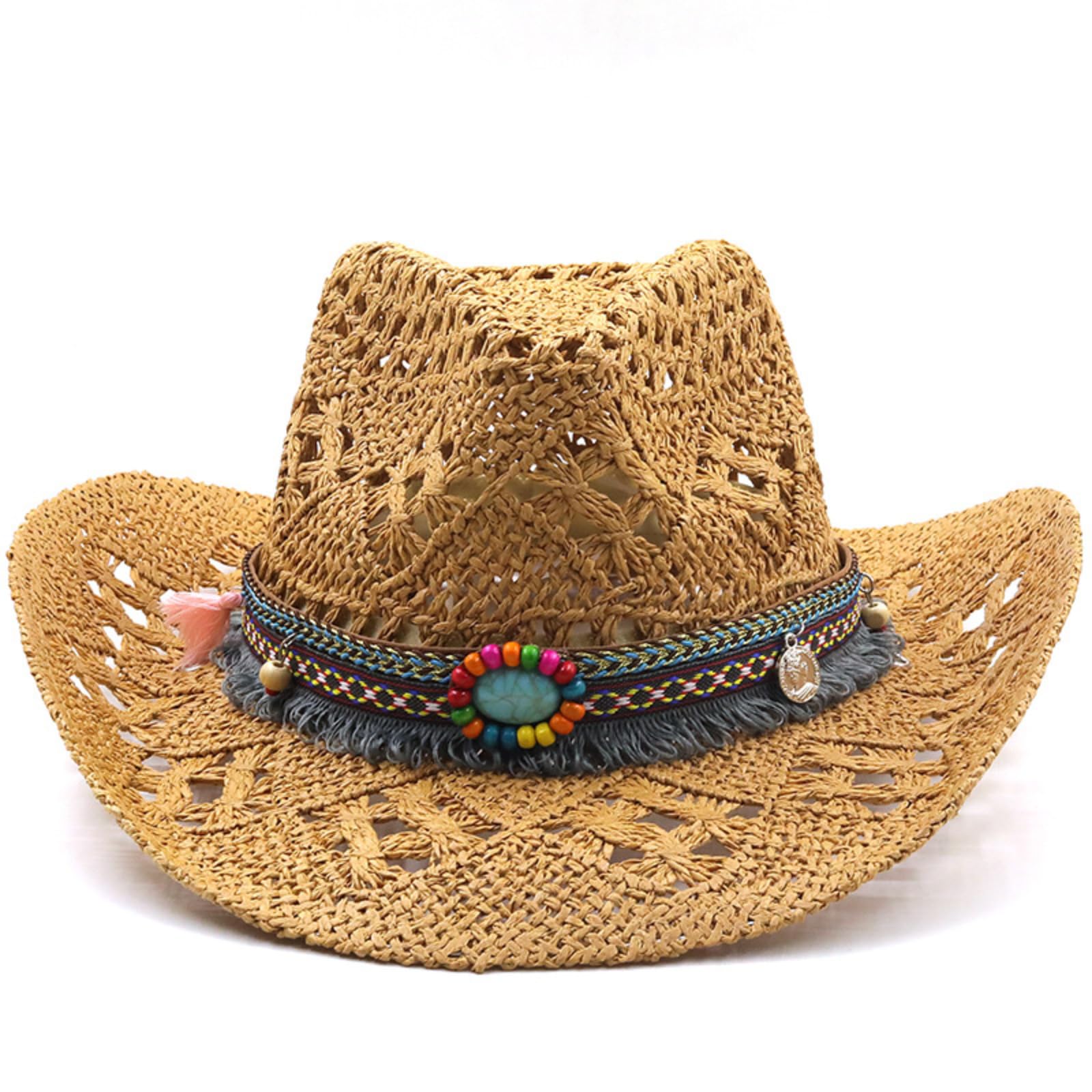 Cazqgoy cowboy hat western cowgirl hats for women men straw hat western hat brazilian bohemian panama hats summer hat sun hat beach hat, khaki, L