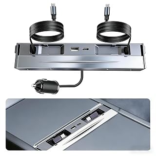 130W USB Hub for Tesla Model 3 Highland 2024 2026 Model Y Juniper 2025 2026, 65W+45W Dual Type-C Retractable Cables 4 in 1 Multi Port Fast Charger Docking