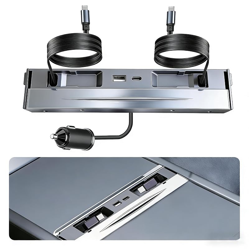 Hub USB LALUNTE de 130 W para Tesla Model 3 Highland 2024–2026 e Model Y Juniper 2025–2026, carregador 4 em 1 com cabos retráteis USB-C duplos e acabamento prata