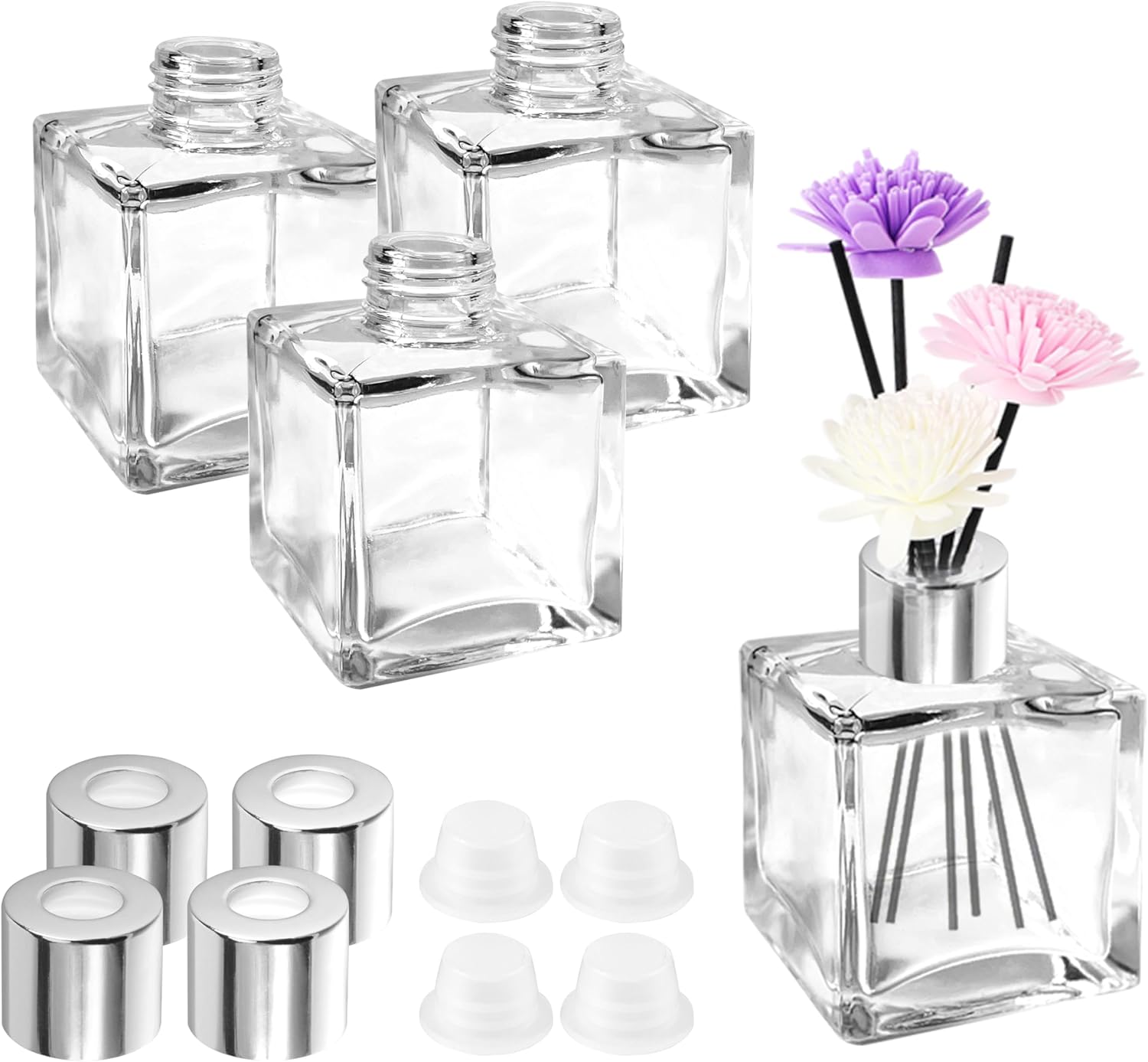 JSMTKJ Glass Diffuser Bottles Set of 4 Small Square Glass Diffuser ...