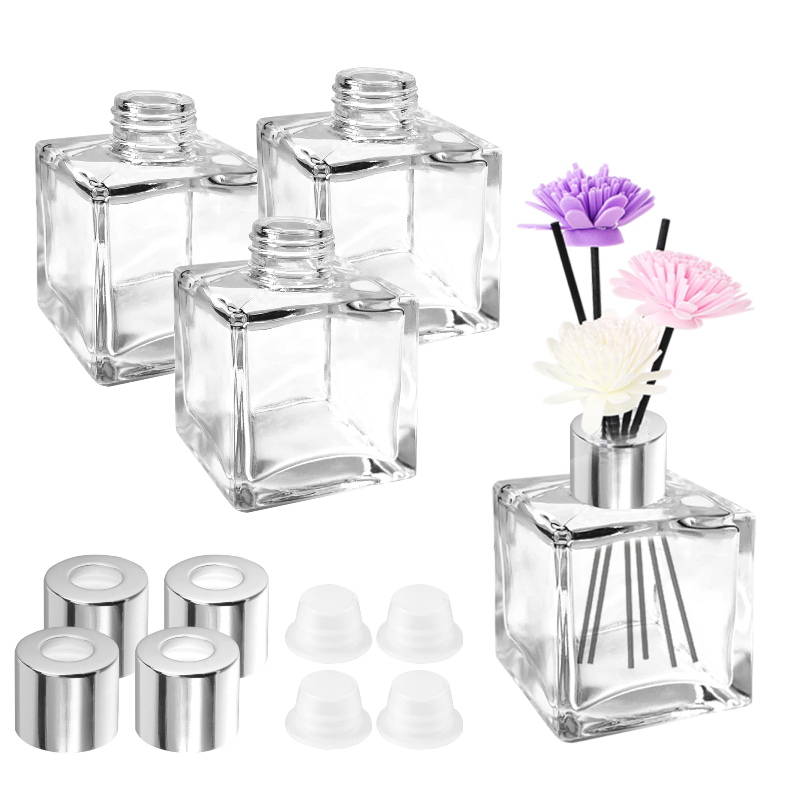 JSMTKJ Difusor Botella, 4 Pcs Botellas Cuadradas de Cristal 50ml Botellas de Vidrio para Difusores Botellas de aceites Esenciales para fragancias caseras