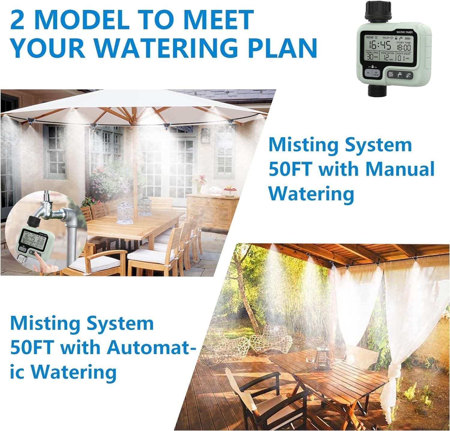 Timer Outdoor Water Misting Cooling System,50FT|15M,Automatic Misters for Outside Patio,with Sprinkler Control Mist Hose Kit for Garden,Drip Irrigation,Fan,Deck,Canopy,Pool,Trampoline Sprinkler Park
