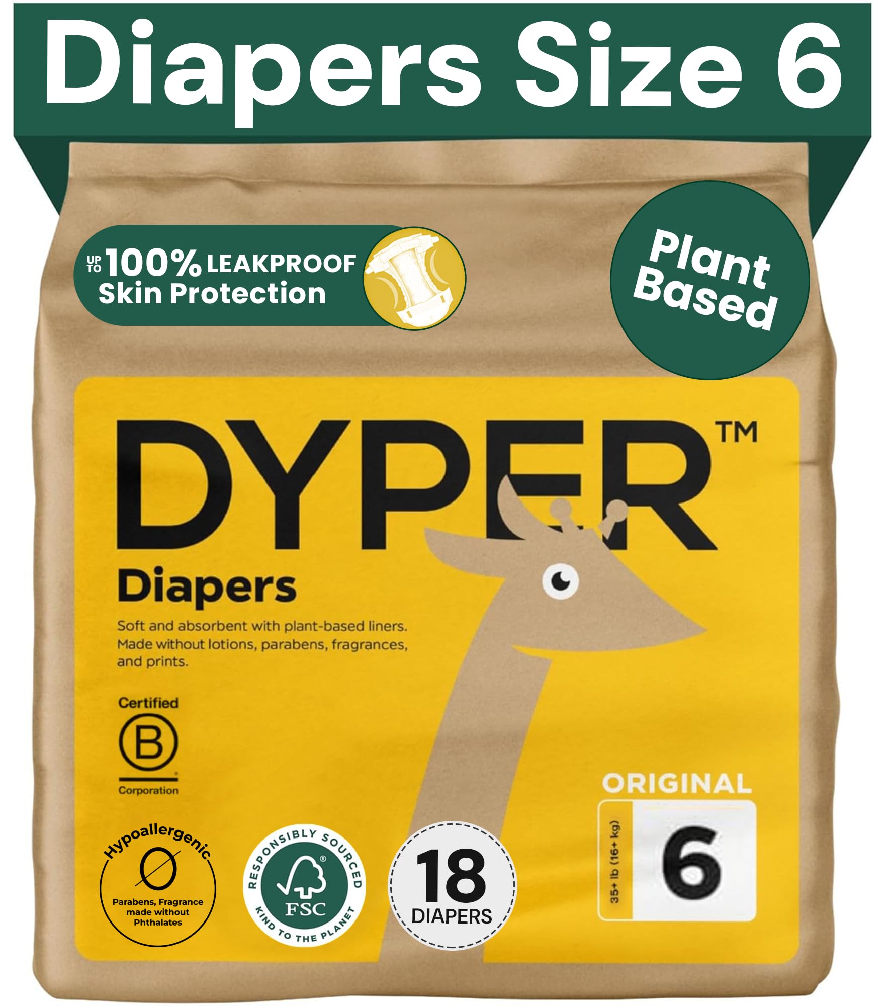 DYPER - Baby Diapers Size 6 (18 Count) - Plant Based Disposable Diapers for Day and Overnight Premium Leak Protection, Skin-Friendly Comfort with Soft Size 6 Diapers (>35 lb)