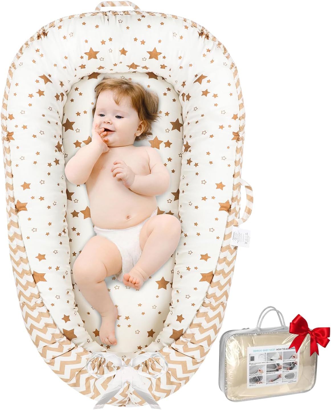 Baby Lounger - Baby Lounger for Newborn 0-24 Months, Breathable and Soft Cotton Cover Baby Nest, Portable Infant Lounger for Tummy Time Floor Playing Seat for Home and Travel, Shower Gifts, Star