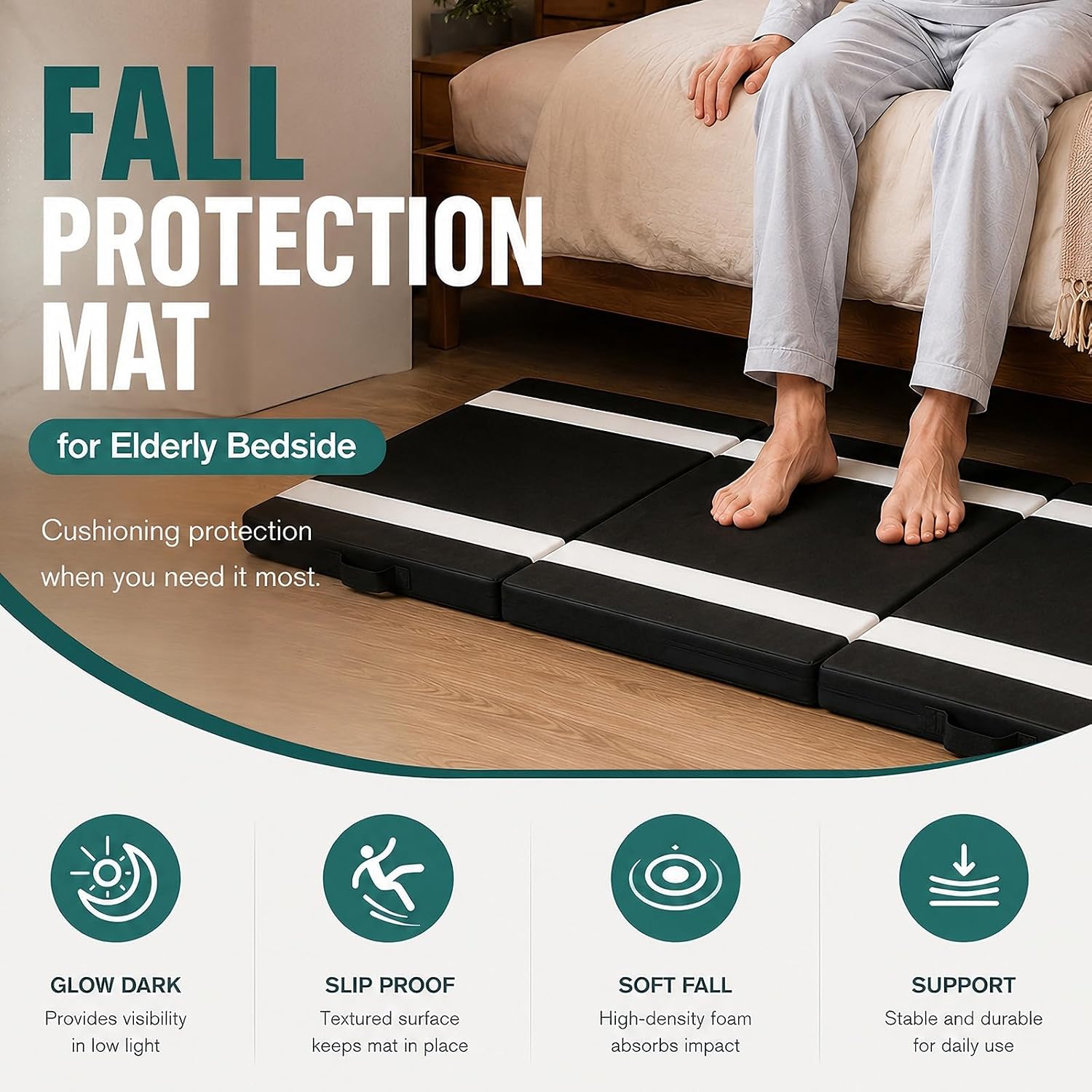 71"x24" Fall Mat for Elderly Bedside Thick Mat with Glow-in-The-Dark Strips, Foldable Floor Mat for Floor Protection, Non-Slip Waterproof Oxford Cover, Portable Handle