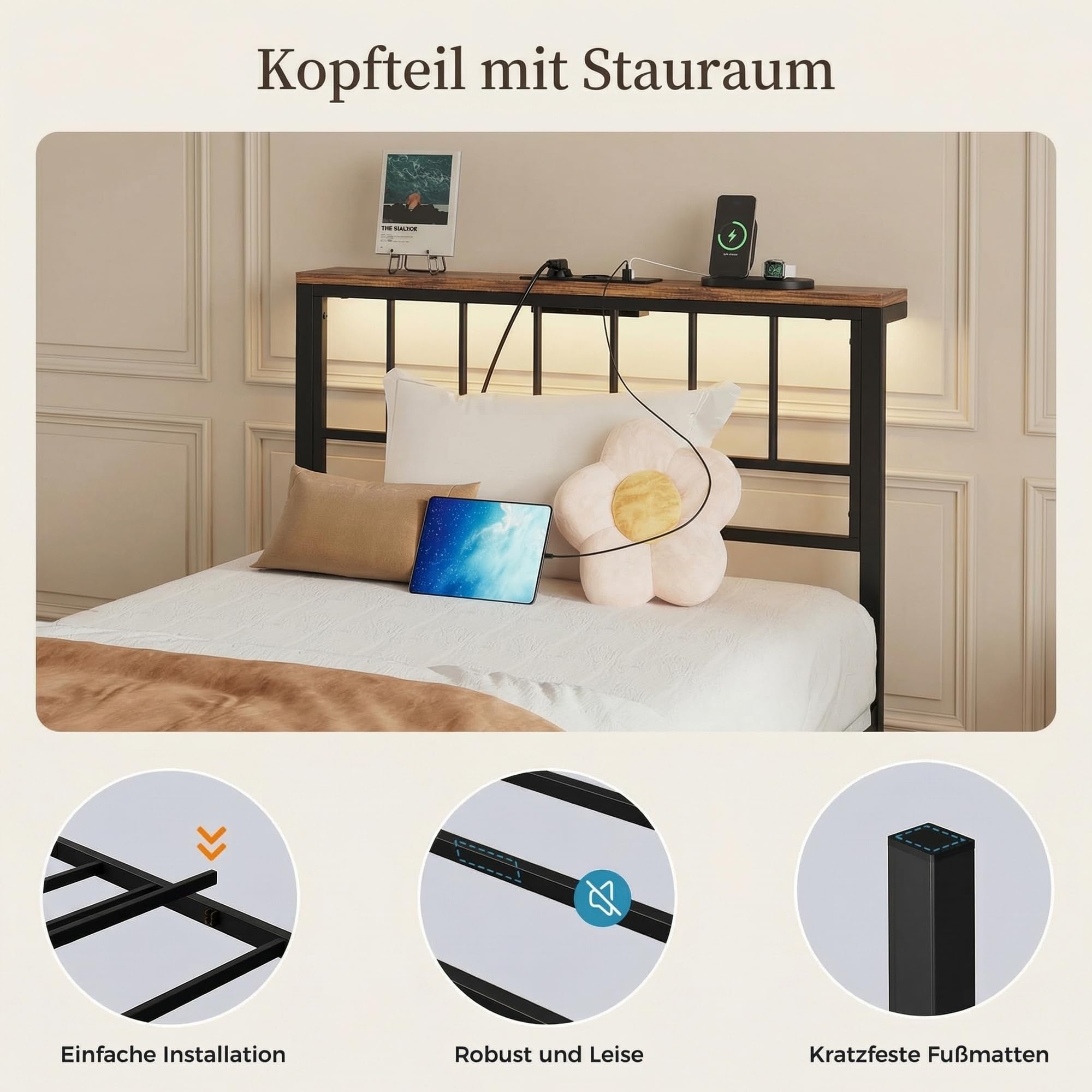 IRONCK Bett 90x200 mit LED und Ladestation, Bettgestell mit Stauraum | Doppelbett mit 2 Schubladen, 2 AC-Steckdosen, USB-A & USB-C, Jugendbett mit Lattenrost aus Metall, Betten für Schlafzimmer