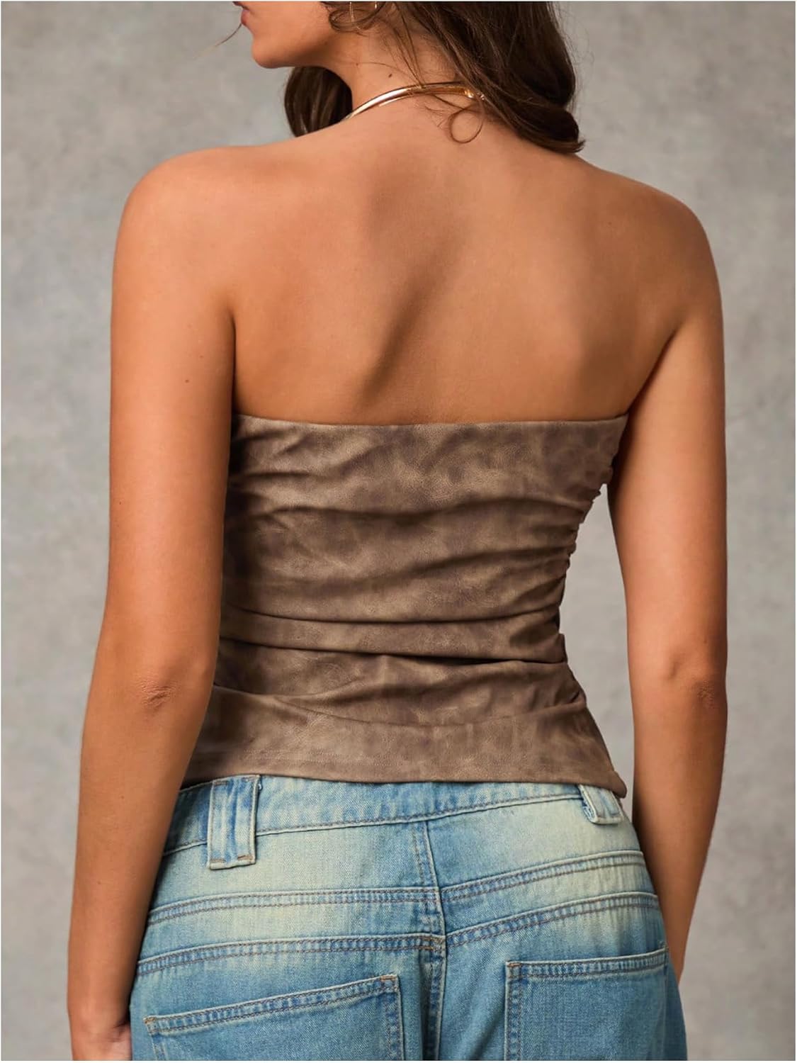 MakeMeChic Women's PU Leather Top Strapless Ruched Bandeau Sleeveless Party Tube Tops - Image 2