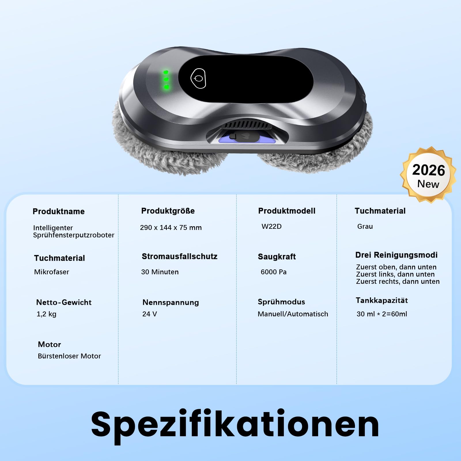 Keero Fensterputzroboter 2026 Neuheit, 6000Pa, Doppeldüsen-Sprühfunktion, <65dB, Sicherheitssystem, Intelligente Navigation, 10 Reinigungstücher, Für Fenster/Fliesen zu Hause (W22D)