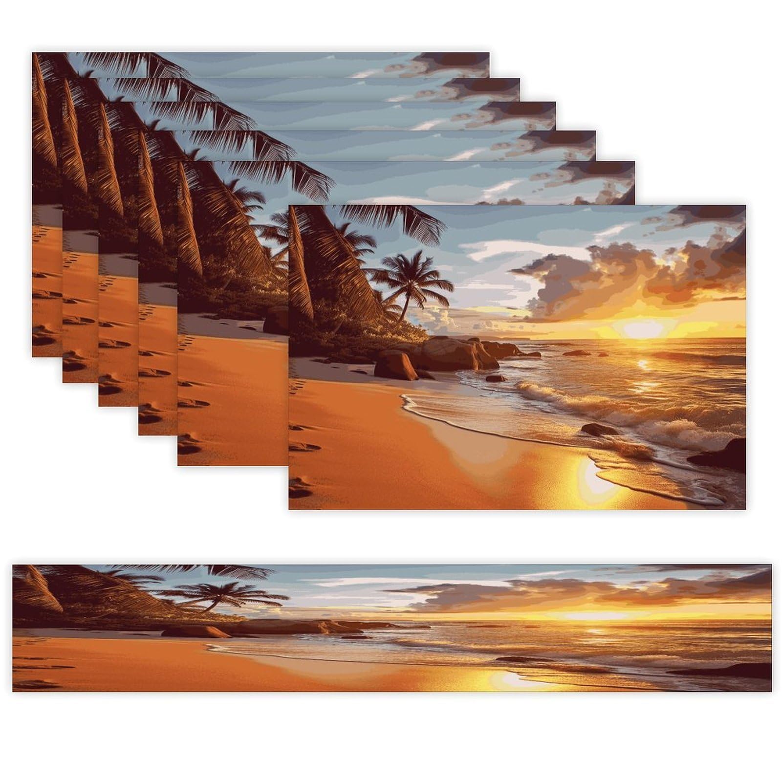 Tropical Beach at Sunset Table Runner and Placemats Set of 6 Wipe Clean Heat Resistant Table Mat with Table Runner Decorations Flax Linen Place Mat Set for Home Kitchen Party Supplies