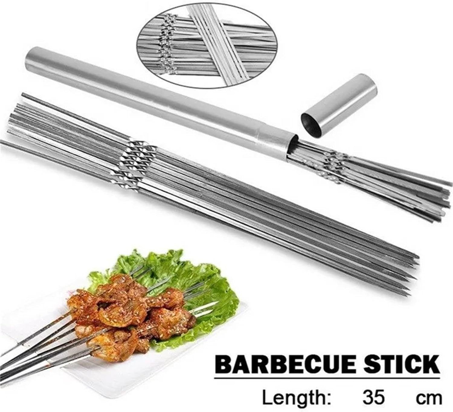50pcs Kabob Skewers for Grilling Storage Tube Stainless Steel Barbecue Skewer BBQ Needle Sticks Metal Flat Forks for Kitchen Camping Gadgets