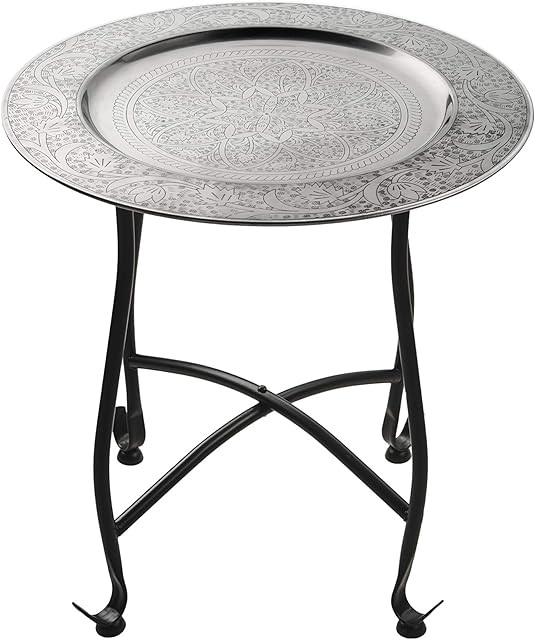 Moroccan Style Folding Small Metal Side Table Sule 40cm Round | sofa side tables as oriental Home or Living room Decoration | Indian Design coffee tray table as flower stool in Silver Black