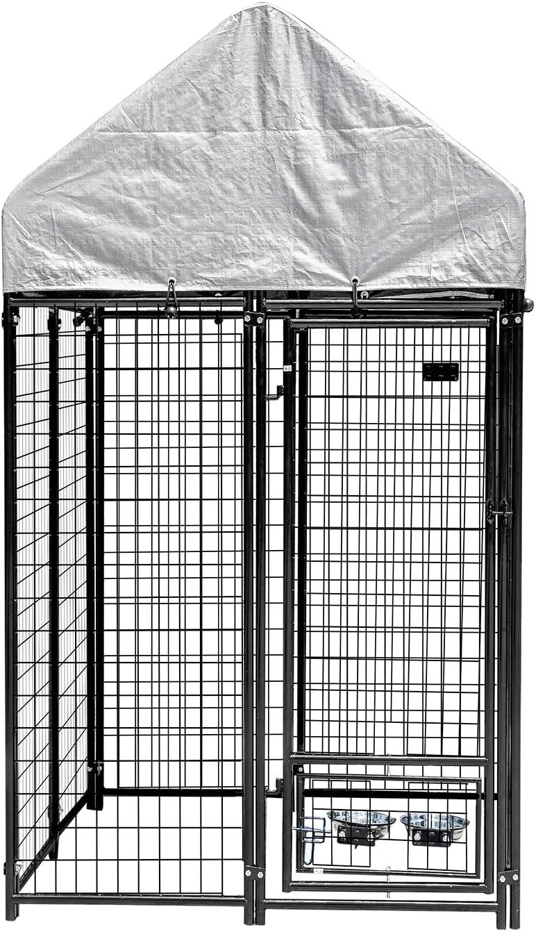 PUPZO Welded Wire Dog Kennel,Outdoor Heavy Duty Pet Cage with Waterproof Cover Automatic Lock Rotatable Window 2 Stainless Steel Bowls