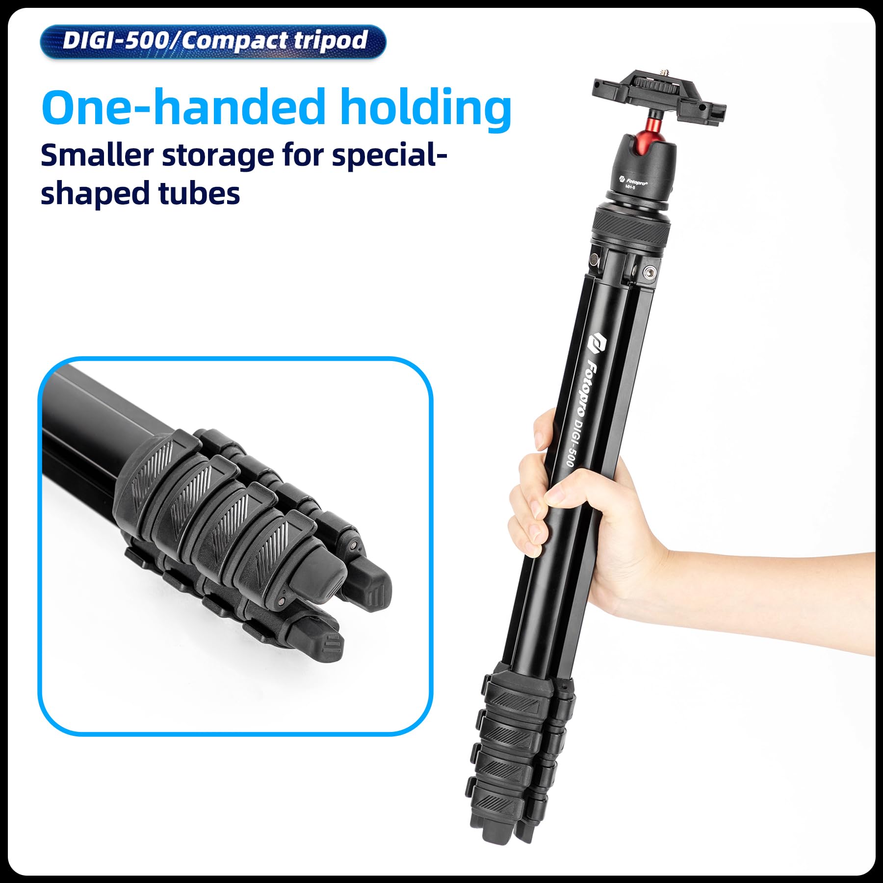 Fotopro Treppiede per fotocamera da 162,6 cm con clip per telefono 2 in 1, testa video fluida nascosta, 0,7 kg, leggero, portatile, da viaggio, per fotocamera e telefono, carico massimo 3 kg