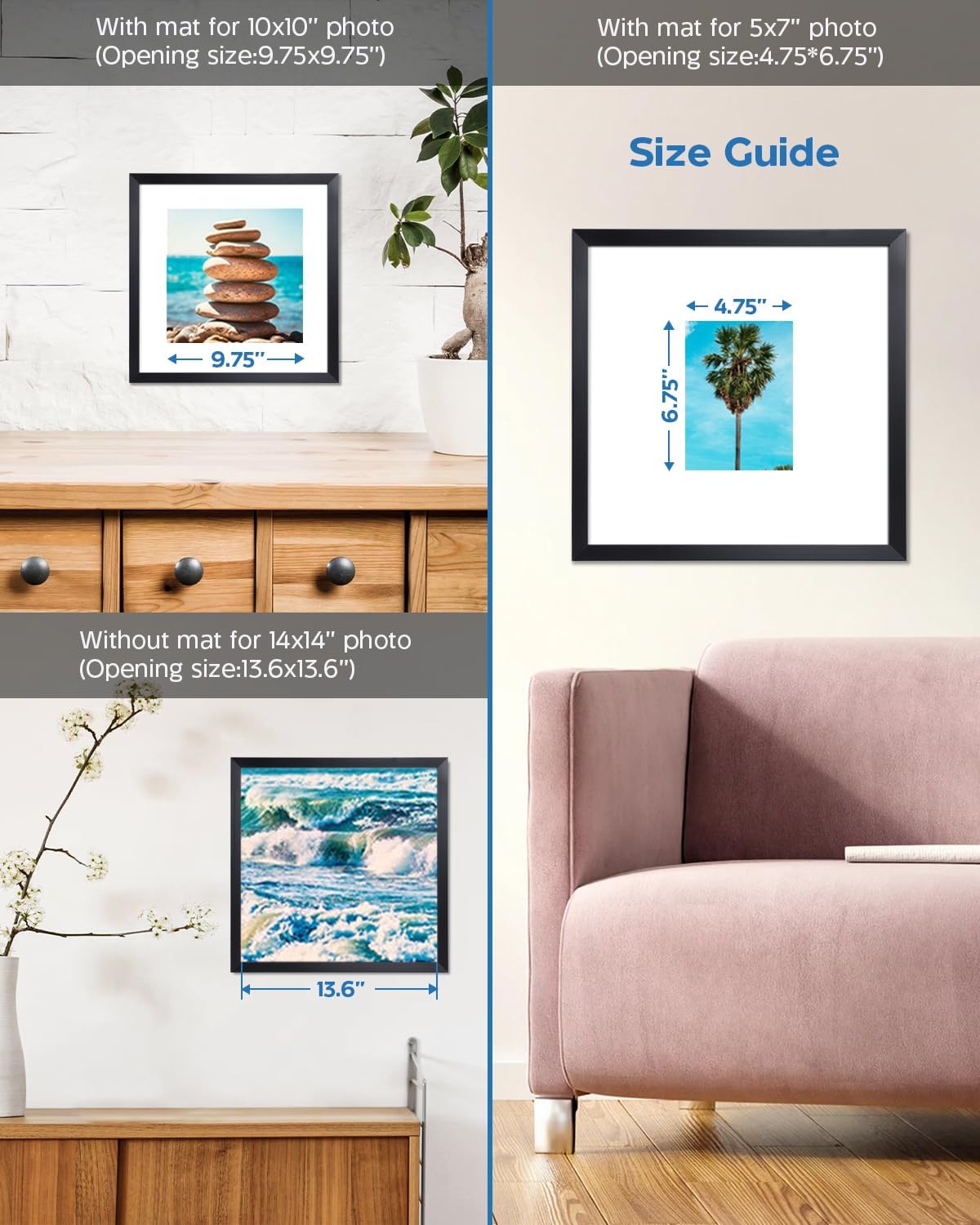 14x14 Frame Black, Display Picture 10x10 or 5x7 with Mat or 14x14 without Mat, Solid Wood Acrylic Cover Photo Poster Square Frames with 2 Mats Gallery Wall Mounting Home Décor Gift, 1 Pack