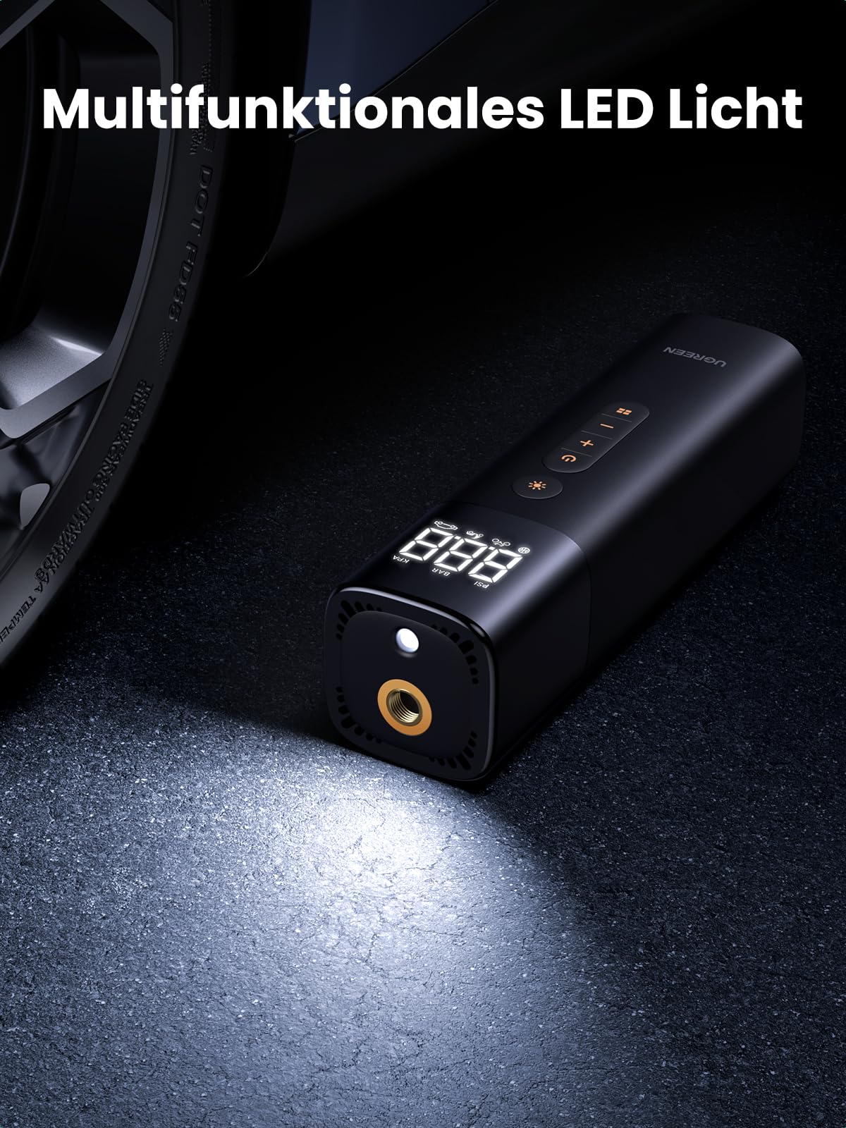 UGREEN Luftpumpe mit Zigarettenanzünder (0.2-10.3bar / 3-150psi )Elektrischer Kompressor Tragbar Fahrradpumpe Mini Reifenpumpe mit Digital LED Anzeige LED Licht für alle Fahrräder Motorräder und Autos