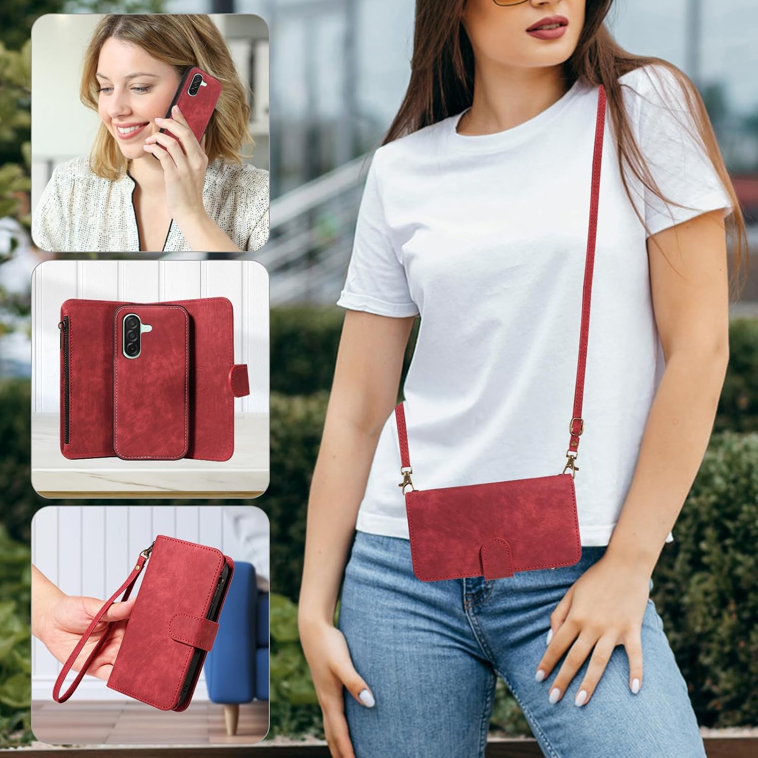 Phone Case for Samsung Galaxy A36 5G Zipper Wallet Magnetic Detachable Cell Cover with Tempered Glass Screen Protector Crossbody Lanyard Strap Flip Card Holder Slot A 36 36A LTE SM-A366U Women Red