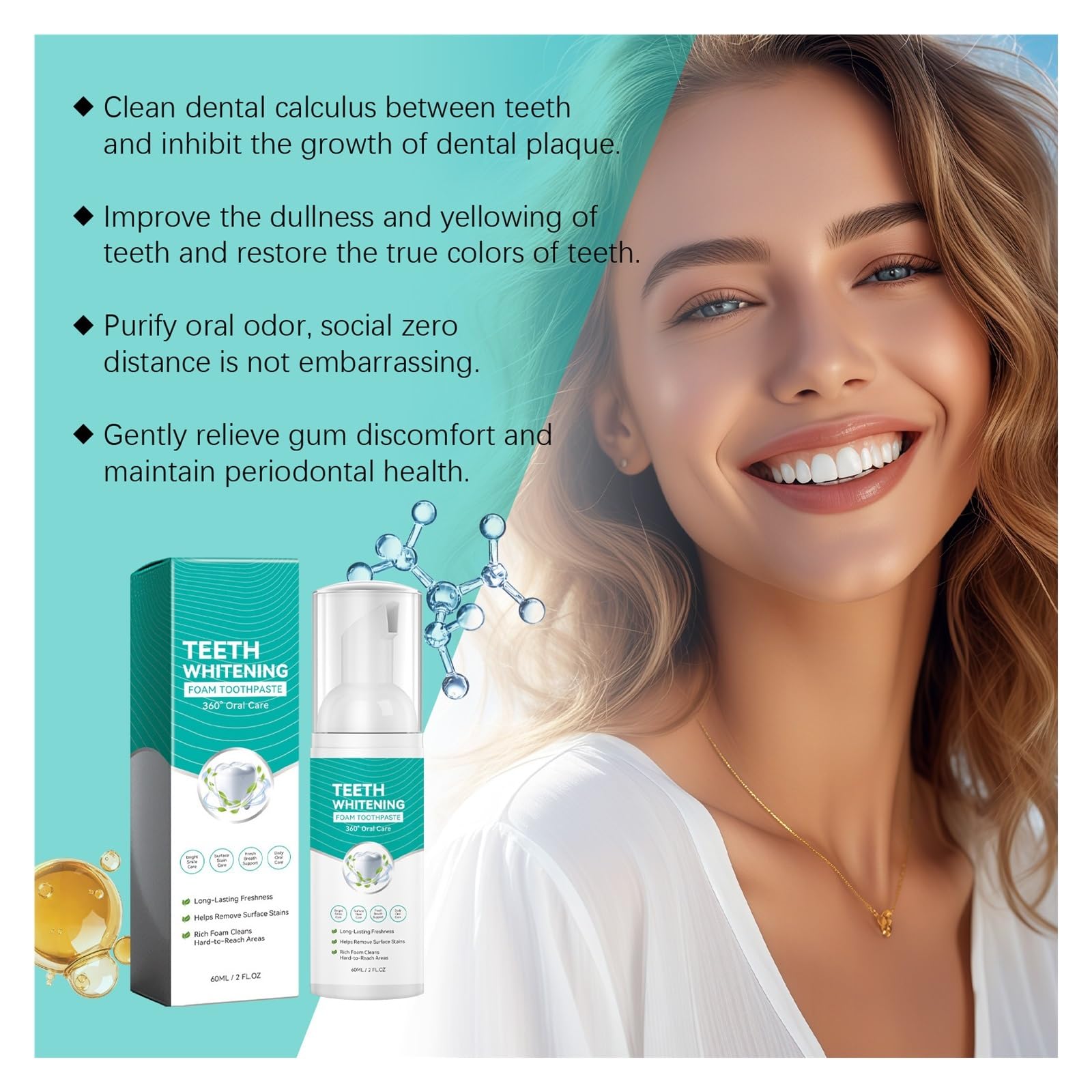 Mousse blanqueadora de dientes tipo bomba 60 ml | La espuma se dispensa directamente, cubriendo finamente los dientes for eliminar los residuos.(2pcs)