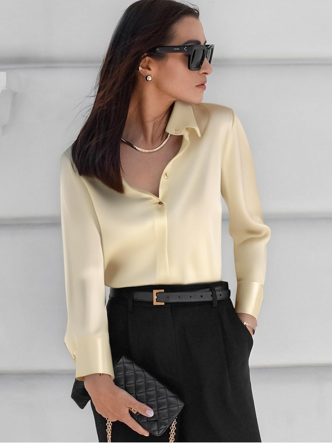 Damipow Satin Silk Button Down Shirts for Women Dress Shirts Long Sleeve Blouses Womens Shirts - Image 2