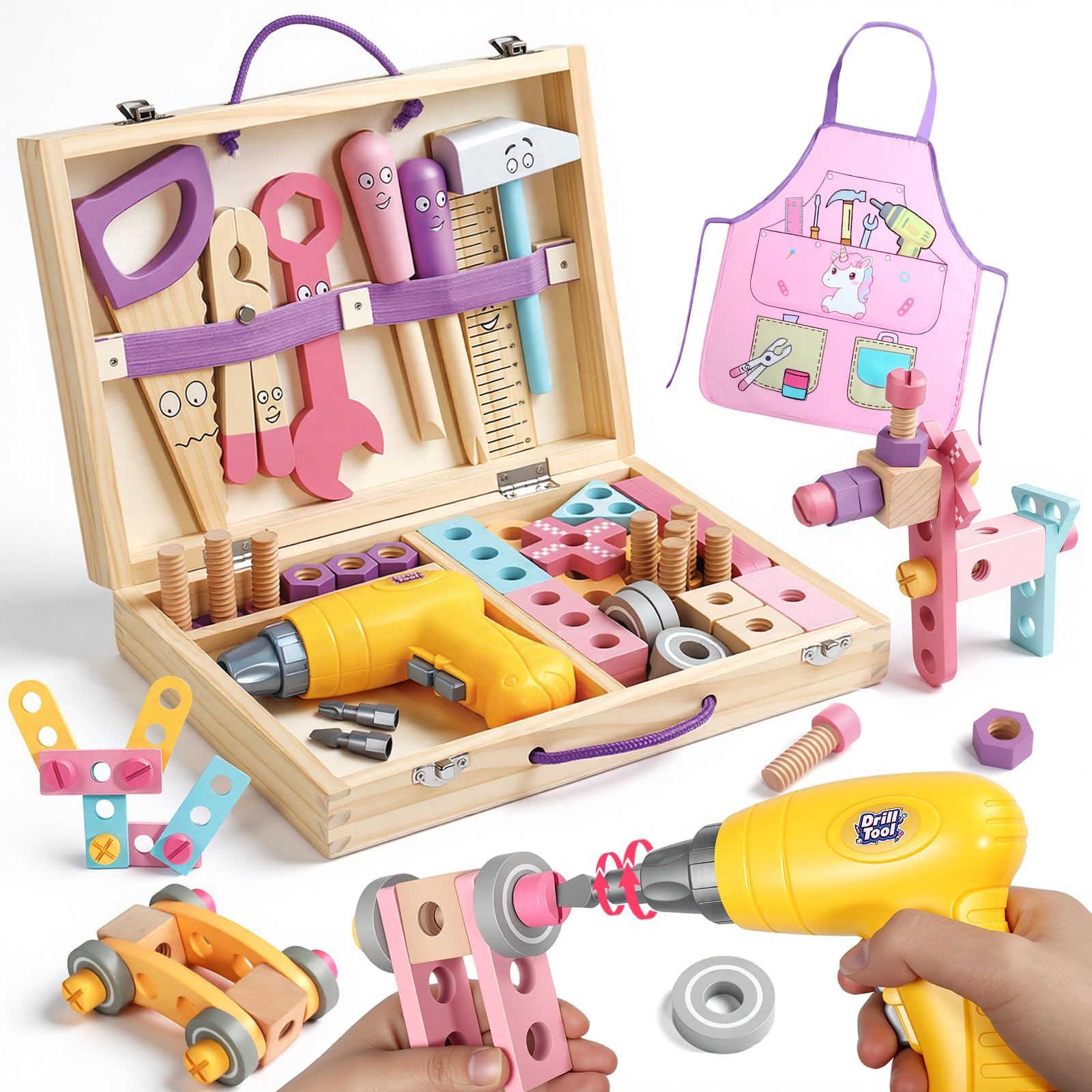 Kids Tool Set Wooden Toys for 3 Year Old Girls, 47 PCS Montessori Toys with Toy Drill & Tool Box & Apron, Pretend Play Educational Building Construction Toys for 3 4 5 Year Old Girls Gifts
